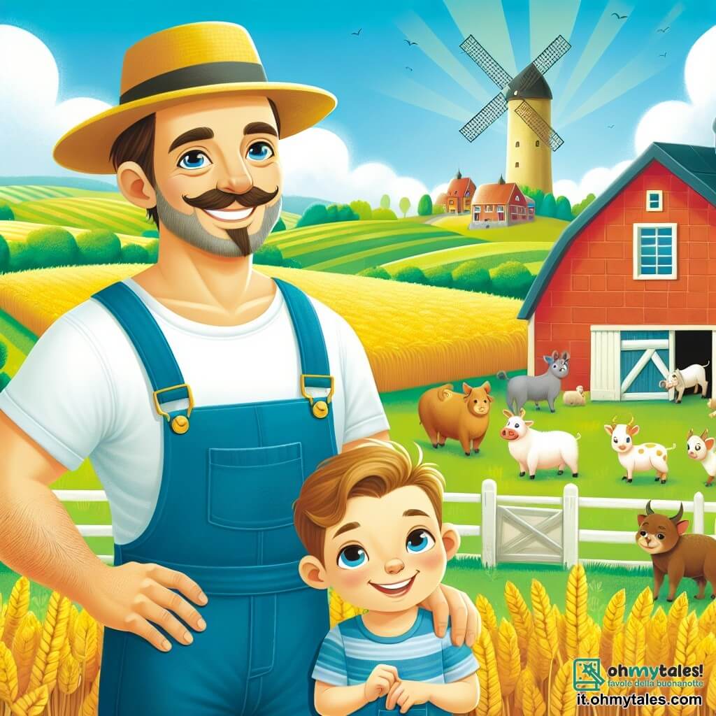 Une illustration destinée aux enfants représentant un homme souriant et robuste travaillant dans une ferme verdoyante, accompagné de son fils curieux, entourés de champs de blé doré et d'animaux joyeux, dans le charmant village de Campobello.