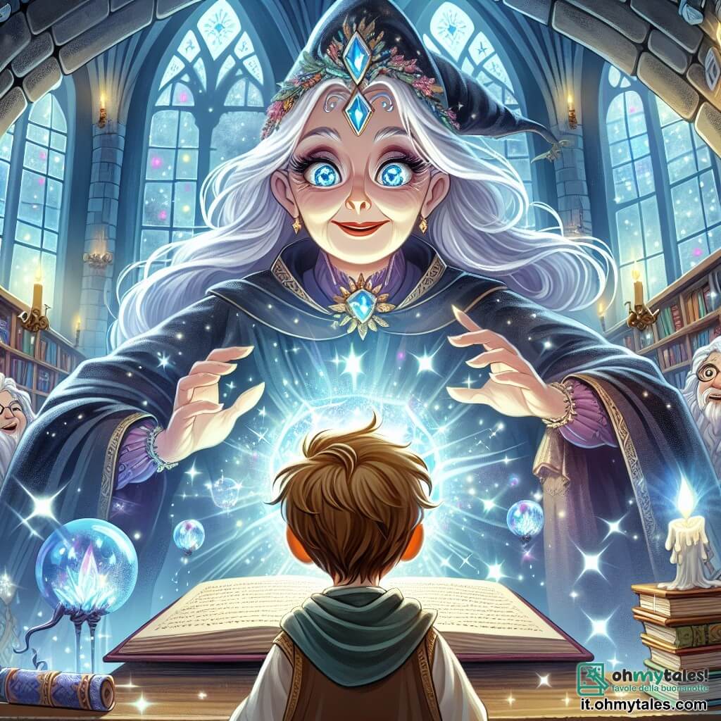 Une illustration destinée aux enfants représentant un sorcier au regard étincelant découvrant un incantation interdite dans une bibliothèque magique, avec la présence bienveillante de la puissante sorcière Lunastra dans sa tour de cristal scintillante au cœur de la Vallée des Incantations.