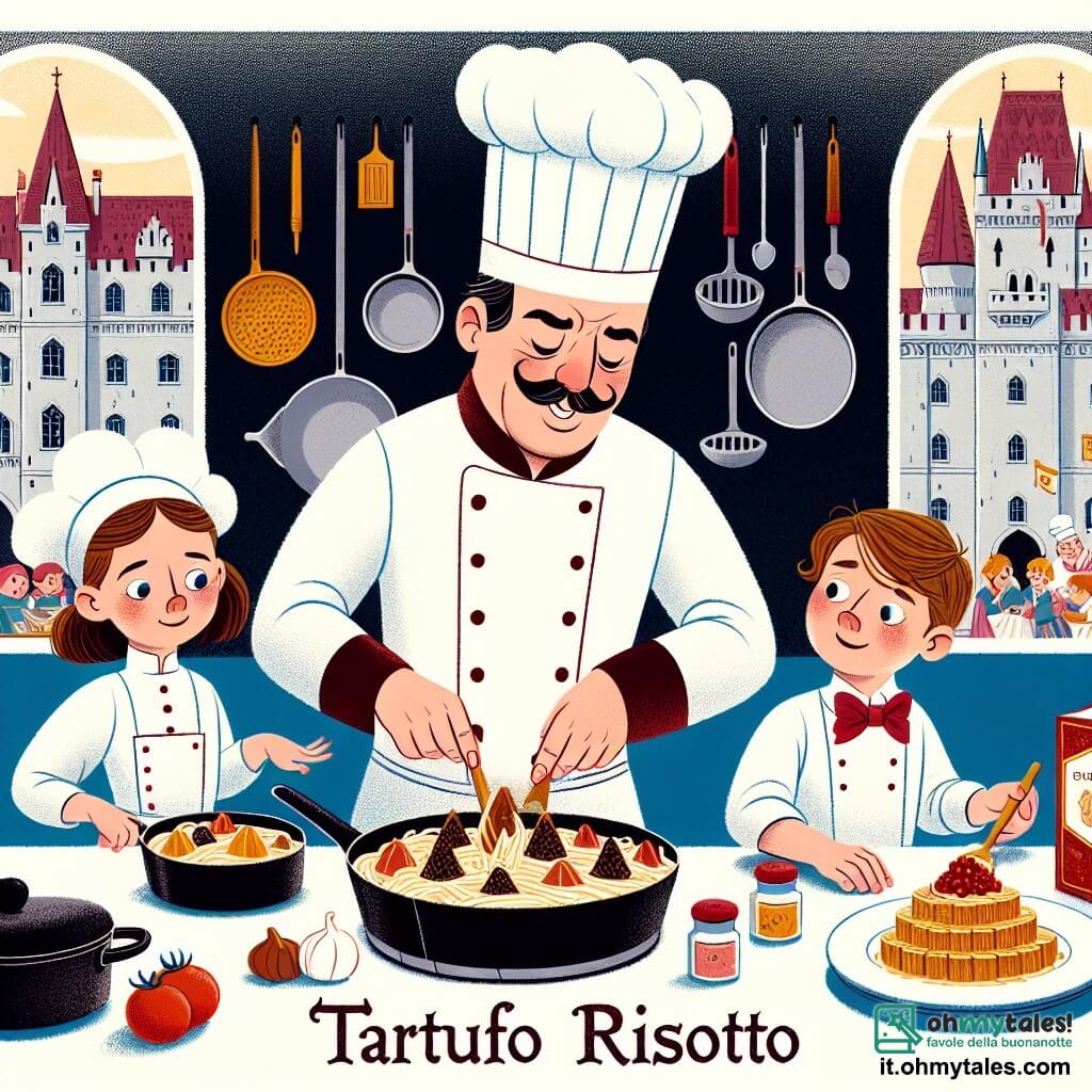 Une illustration destinée aux enfants représentant un grand chef cuisinier homme préparant un délicieux risotto au tartufo, accompagné de deux enfants curieux, un garçon et une fille, dans la cuisine d'un château royal ornée de casseroles brillantes et d'épices colorées.
