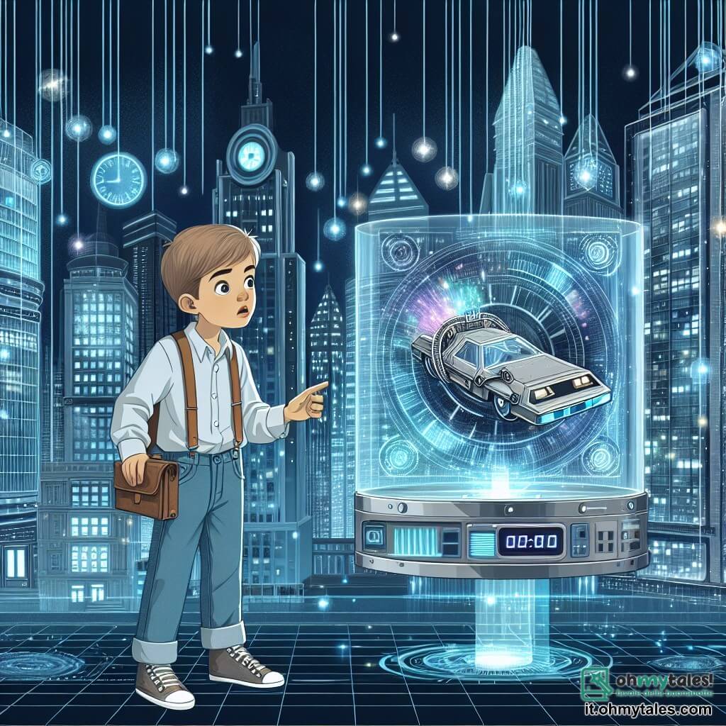 Une illustration destinée aux enfants représentant un jeune garçon curieux et inventif qui découvre une mystérieuse machine du temps dans une ville futuriste étincelante de gratte-ciel en verre et d'écrans olographiques lumineux.