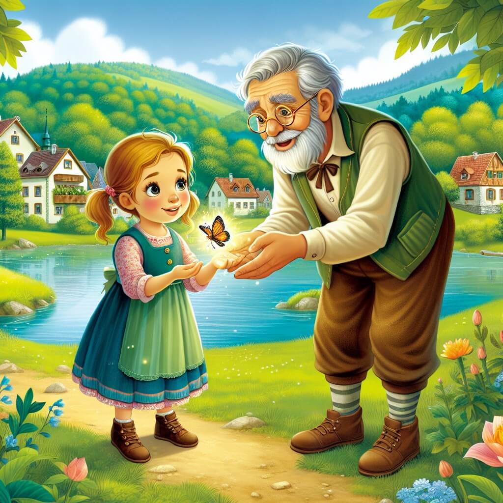 Une illustration destinée aux enfants représentant une jeune fille curieuse et déterminée qui se trouve confrontée à des changements inquiétants dans un parc verdoyant, accompagnée d'un sage vieux monsieur, dans un petit village entouré de collines verdoyantes et de lacs cristallins.