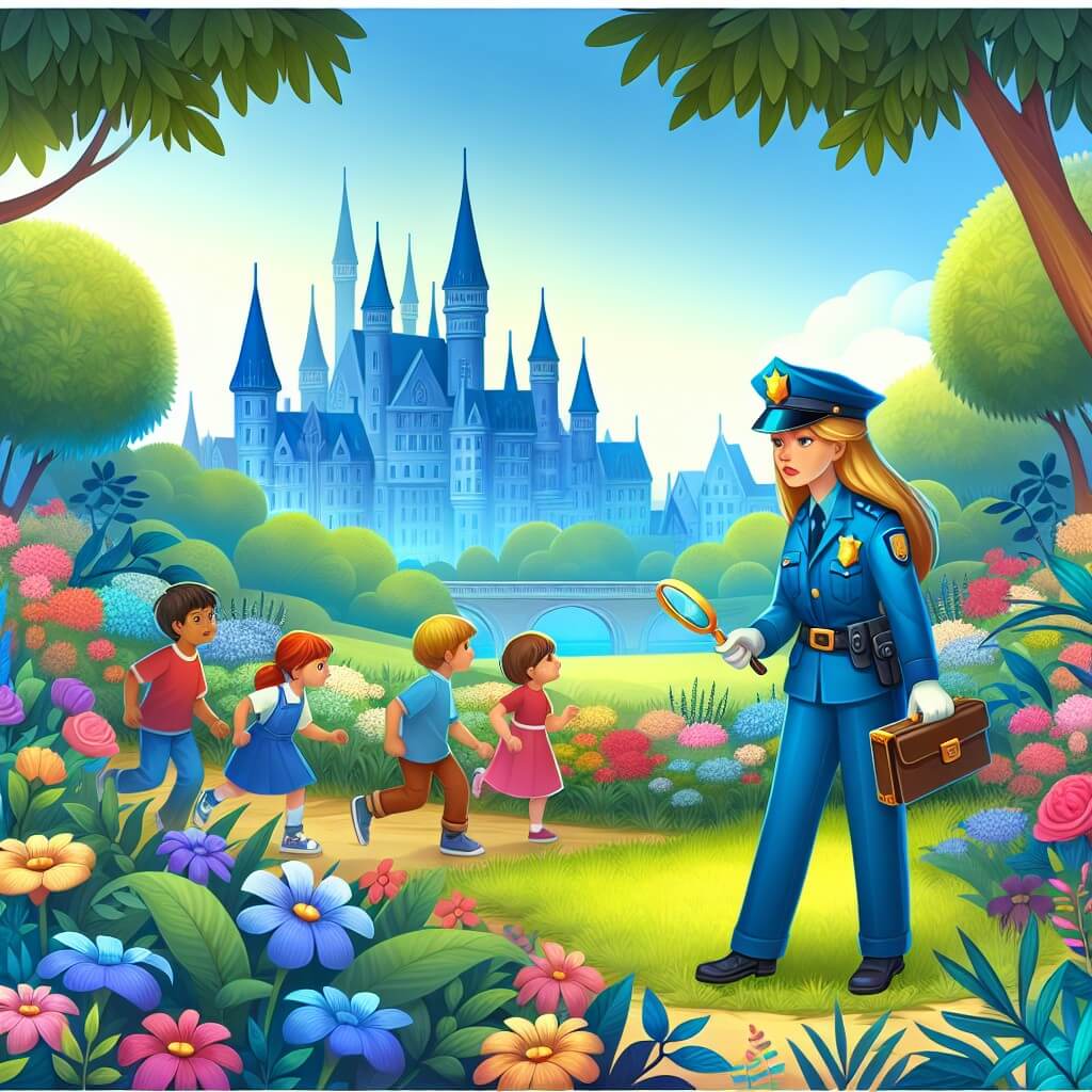 Une illustration destinée aux enfants représentant une courageuse policière, vêtue d'un uniforme bleu scintillant, résolvant un mystère avec l'aide des enfants dans un parc pittoresque rempli de fleurs colorées et d'arbres majestueux, situé au cœur d'une ville enchantée.