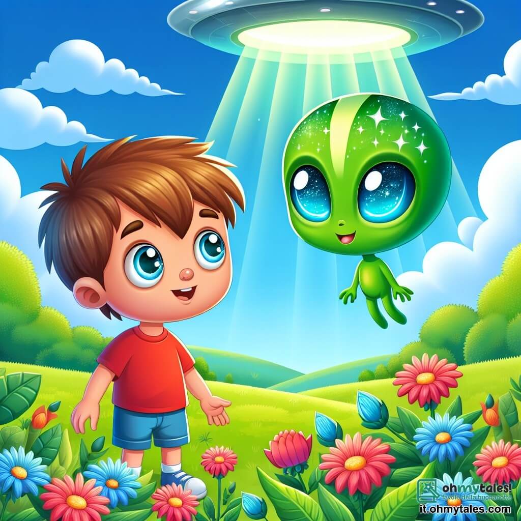 Une illustration sous forme de dessin destinée aux enfants représentant un jardin verdoyant avec des fleurs colorées et un ciel bleu éclatant, où un garçon de 5 ans aux cheveux bruns et aux yeux pétillants, vêtu d'un t-shirt rouge et de shorts bleus, regarde avec émerveillement une petite créature extraterrestre verte aux grands yeux azurés et à la peau scintillante, qui descend d'une astronave brillante, tandis qu'une lumière douce éclaire la scène, symbolisant l'amitié naissante entre eux.