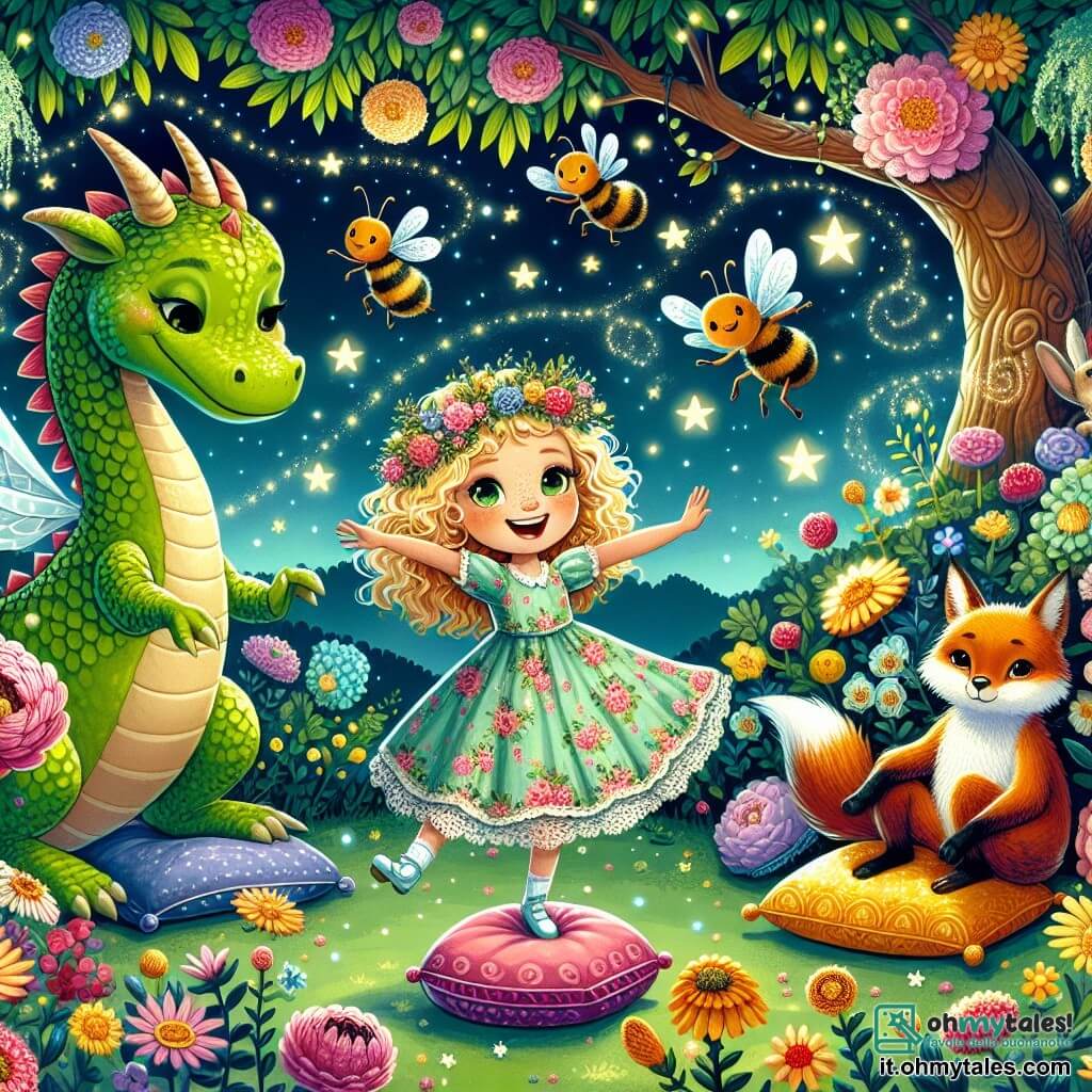 Illustrazione che rappresenta un giardino incantato, pieno di fiori colorati e di un grande albero con rami estesi, sotto un cielo stellato. Al centro, una ragazza di 9 anni con capelli ricci e biondi, che indossa un vestito leggero a motivi floreali, danza gioiosamente su cuscini colorati, circondata da animali. Accanto a lei, un grande drago verde con squame brillanti e occhi scintillanti, che cerca di seguire il ritmo muovendo goffamente le zampe. Api volano intorno a loro, creando un'atmosfera festosa, mentre un piccolo coniglio dalle grandi orecchie e una volpe rossa li osservano con curiosità, pronti a unirsi alla danza. La scena trasmette un'atmosfera di gioia e magia, con scintillii di luce nell'aria.