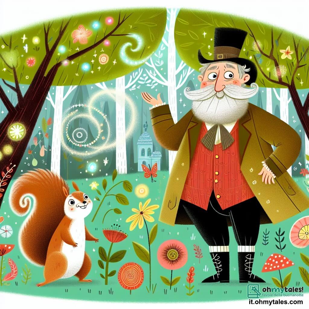 Une illustration destinée aux enfants représentant un homme excentrique et inventif, accompagné d'un écureuil malicieux, se déroulant dans un bosco magico avec des alberi parlanti et des fiori danzanti.