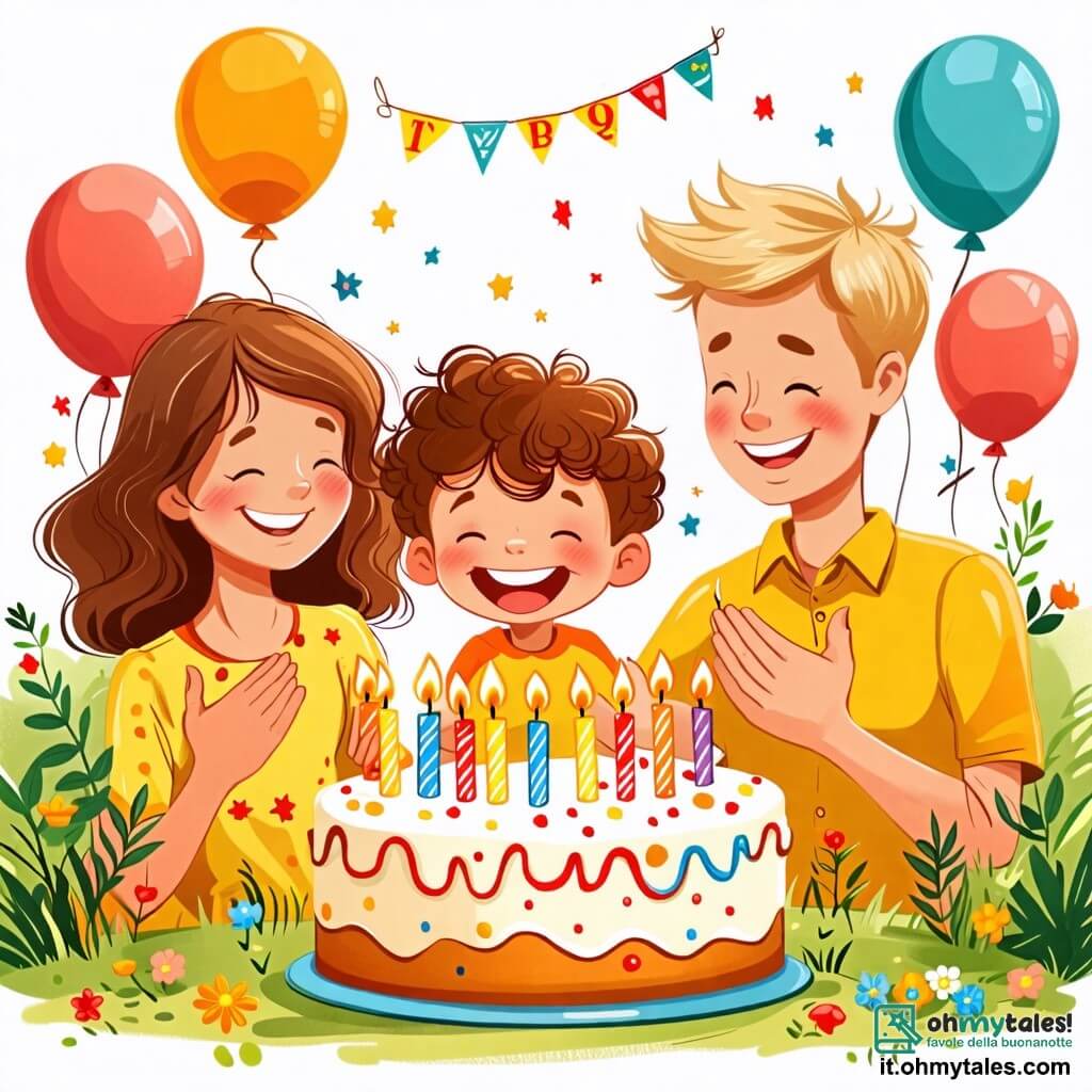 Une illustration sous forme de dessin destinée aux enfants représentant un jardin ensoleillé décoré de ballons colorés, avec un garçon de 2 ans aux cheveux bouclés et aux yeux pétillants, souriant joyeusement en soufflant sur les bougies d'une grande gâteau d'anniversaire, tandis que sa maman, une femme aux cheveux longs et bruns, et son papa, un homme aux cheveux courts et blonds, l'encouragent avec des sourires et des applaudissements, créant une atmosphère festive et pleine de bonheur.