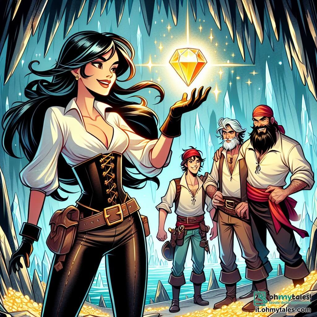 Une illustration sous forme de dessin destinée aux enfants représentant une caverne mystérieuse aux parois scintillantes de cristaux, où une femme pirate courageuse aux longs cheveux noirs flottant au vent, vêtue d'une chemise blanche et d'un pantalon en cuir, brandit un joyau éclatant, le Cuore di Poseidone, tandis qu'un homme robuste à la barbe fournie et un groupe de pirates aux visages déterminés l'entourent, tous prêts à s'unir pour protéger le trésor et affronter un rival redoutable dans une ambiance d'aventure et de camaraderie.