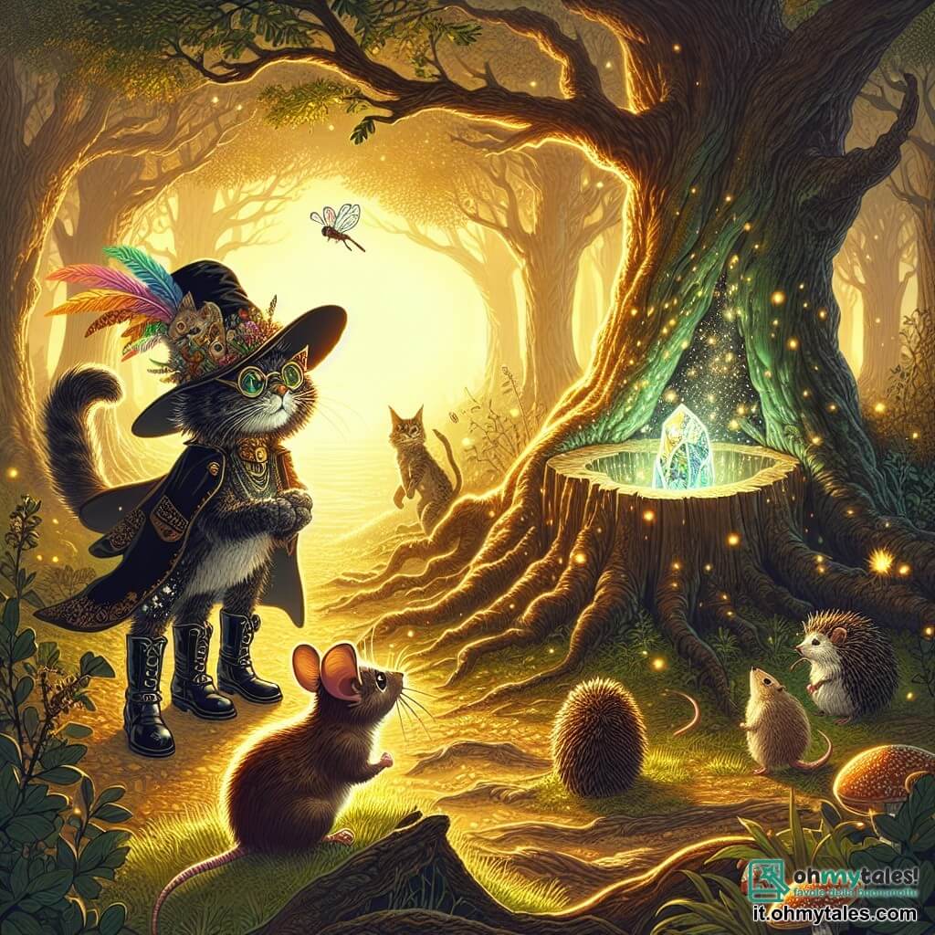 Illustrazione che rappresenta un bosco incantato, illuminato da una dolce luce dorata che filtra attraverso le foglie dei grandi alberi dai tronchi nodosi. Al centro, un elegante gatto con stivali di pelle nera e un cappello con piume colorate, si erge con una postura fiera, i suoi occhi brillanti di malizia e intelligenza, mentre osserva attentamente una pietra magica scintillante sepolta tra le radici di una grande quercia. Accanto a lui, un piccolo topo coraggioso, con pelliccia marrone e occhi brillanti di curiosità, guarda la pietra con meraviglia, le sue piccole zampe pronte a muoversi. Sullo sfondo, le lucciole danzano nell'aria, aggiungendo un tocco di magia alla scena, mentre un gruppo di animali, tra cui un saggio gufo dalle piume argentate e una famiglia di ricci dai pungiglioni morbidi, osserva, intrigato dalla scoperta. La scena principale mostra il momento in cui il gatto e il topo si preparano ad attivare il potere della pietra, simboleggiando l'unione tra tutte le creature del mondo incantato.