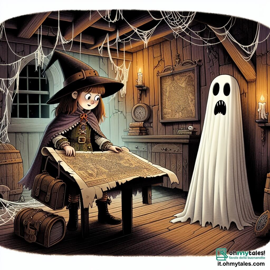 Une illustration sous forme de dessin destinée aux enfants représentant l'intérieur d'une vieille maison hantée, avec des murs en bois usés et des toiles d'araignée, où une fille de 11 ans aux longs cheveux bruns et au costume de sorcière, avec un chapeau pointu, examine une carte ancienne accrochée au mur, tandis que sa meilleure amie, une fille de 11 ans déguisée en fantôme avec un drap blanc et un maquillage effrayant, la regarde avec des yeux écarquillés, alors qu'elles se préparent à résoudre un mystère d'Halloween en cherchant à briser un ancien sort.