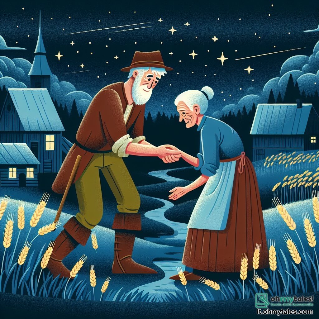 Une illustration destinée aux enfants représentant un homme sage et généreux, aidant un vieux contadino dans un village entouré de campi di grano rigogliosi, sous un cielo stellato scuro et brillant.