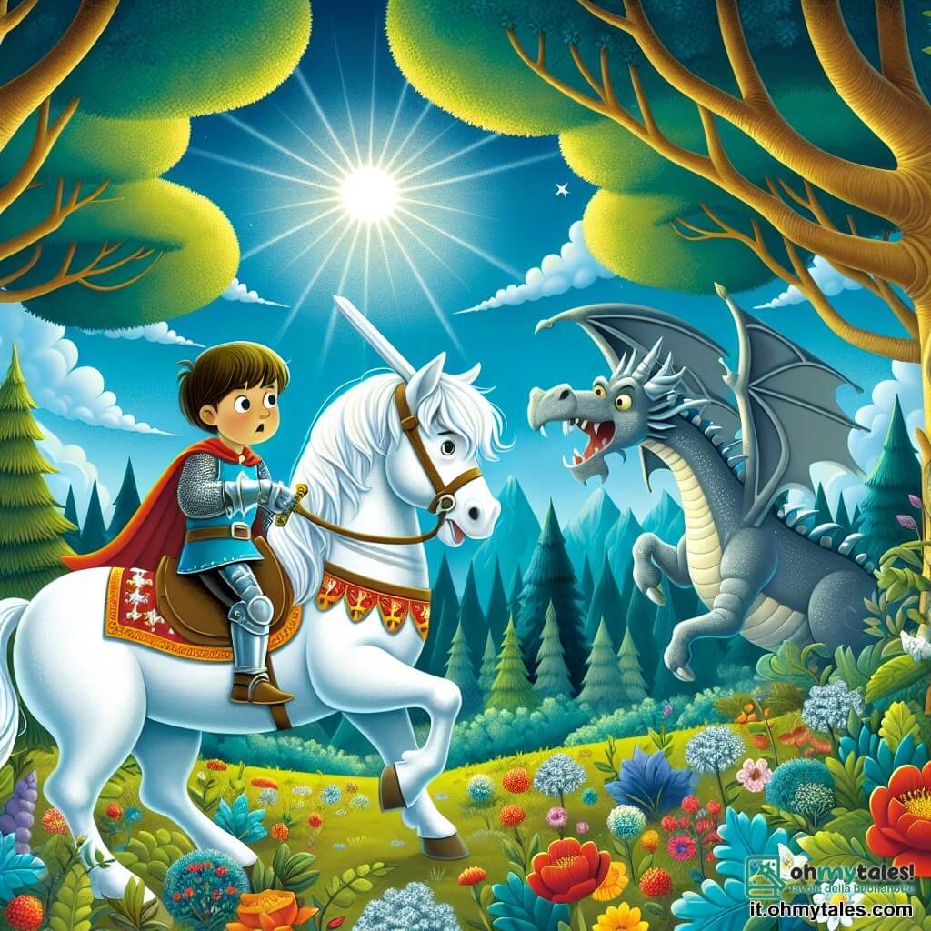 Une illustration destinée aux enfants représentant un jeune chevalier courageux se préparant à affronter un dragon redoutable, accompagné de son fidèle destrier blanc, dans une forêt enchantée aux arbres majestueux et aux fleurs colorées, sous un ciel bleu azur et un soleil étincelant.