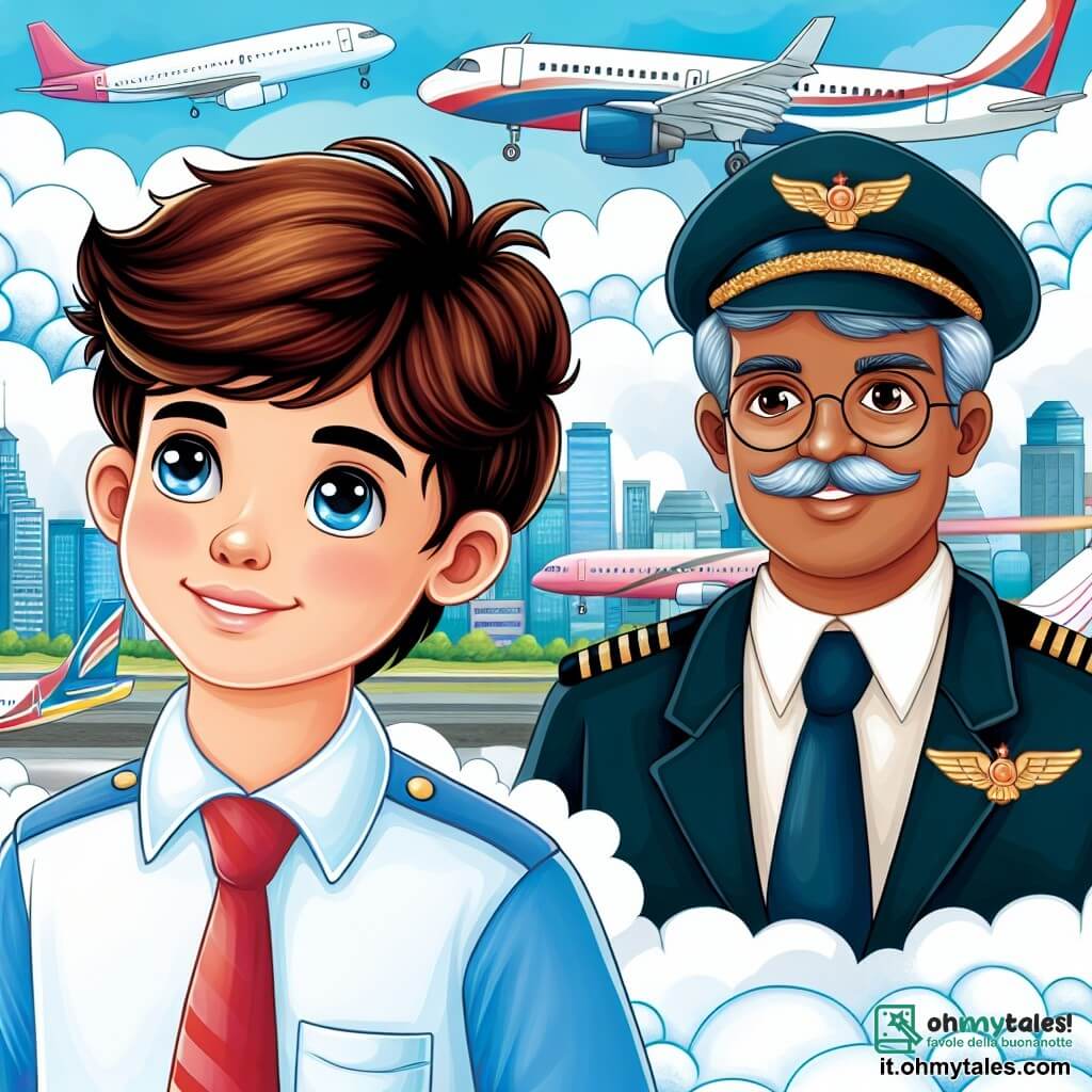Une illustration destinée aux enfants représentant un jeune homme aux yeux brillants de rêves, accompagné d'un pilote expérimenté, dans un aéroport animé aux avions colorés et aux nuages cotonneux dans le ciel.