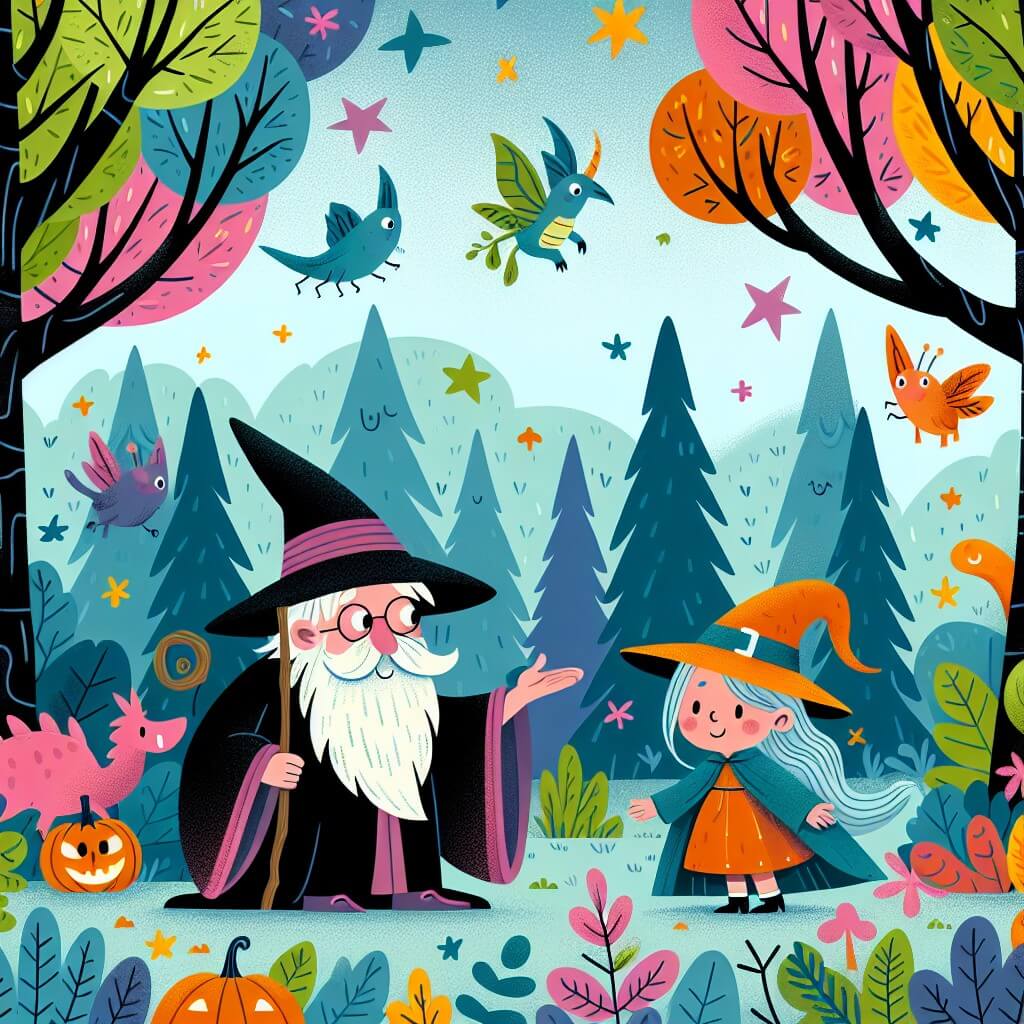 Une illustration destinée aux enfants représentant un sorcier maladroit qui rencontre une petite sorcière dans une forêt enchantée remplie d'arbres aux feuilles multicolores et de créatures magiques.
