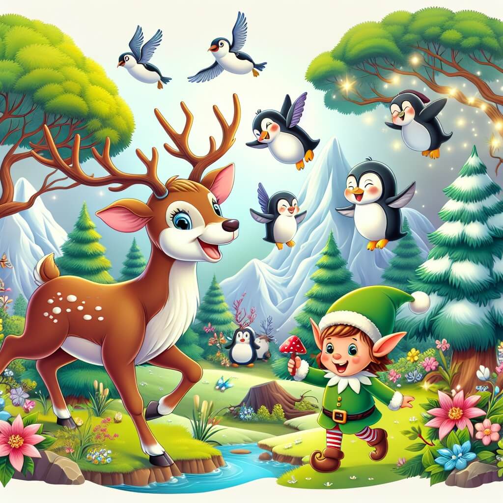 Une illustration destinée aux enfants représentant un renne joyeux et espiègle se trouvant dans une forêt enchantée, accompagné d'un adorable petit elfe, à la recherche d'un mystère sur une île peuplée de pingouins volants, entourés d'arbres majestueux et de fleurs colorées.