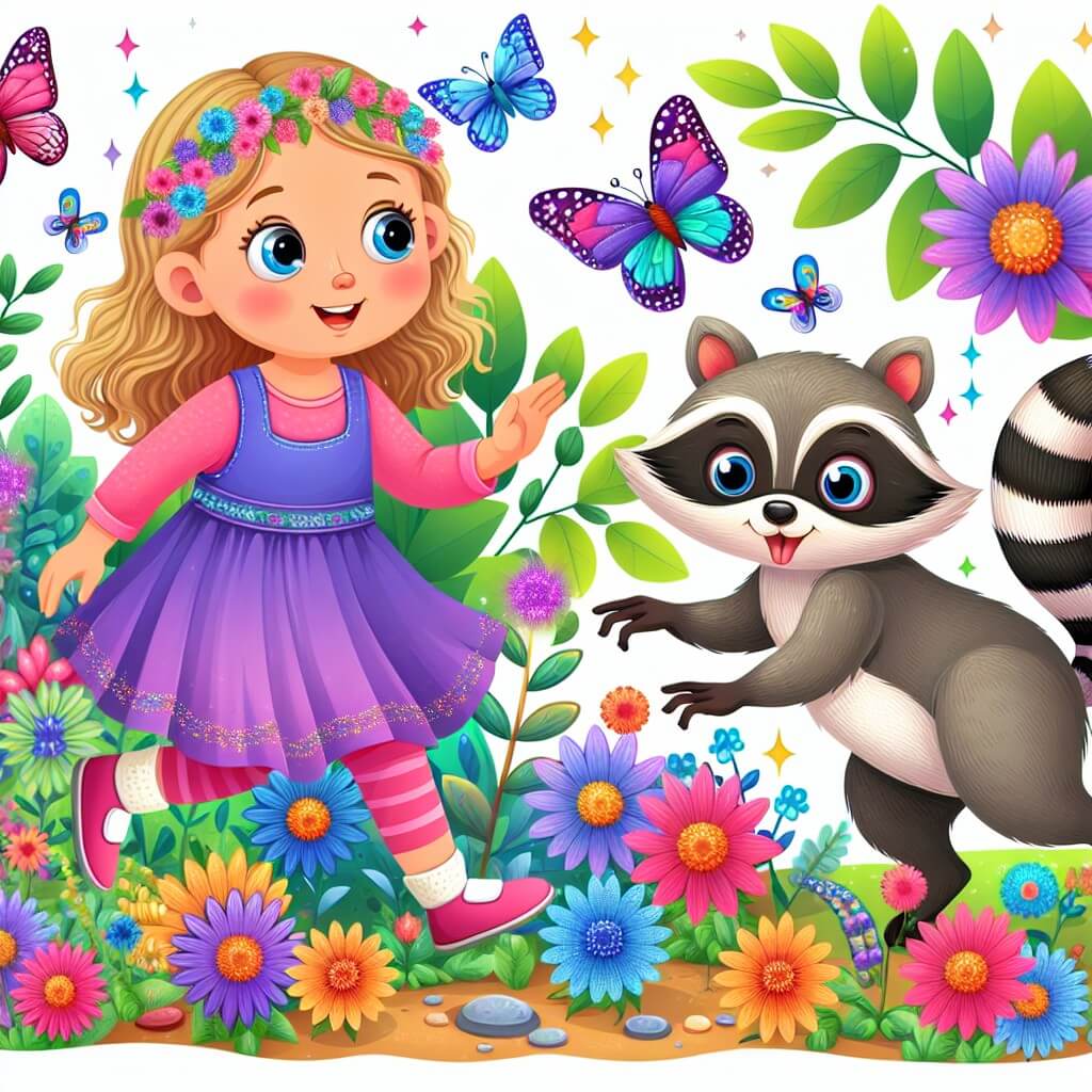 Une illustration destinée aux enfants représentant une jeune fille énergique et curieuse, se retrouvant dans une situation loufoque et absurde en suivant un petit raton laveur gourmand, dans un jardin enchanté rempli de fleurs multicolores, papillons étincelants et arbres dansants.
