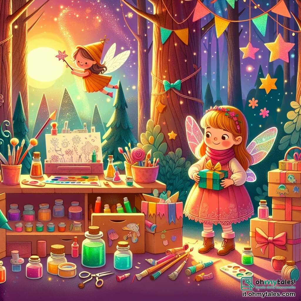 Une illustration destinée aux enfants représentant une petite fille créative et curieuse préparant un cadeau spécial pour sa maman, avec l'aide d'une fée magique, dans un laboratoire secret rempli de boîtes colorées, de papiers étincelants et de pots de peinture éclatants, situé au cœur d'une forêt enchantée baignée par la lumière dorée du soleil couchant.