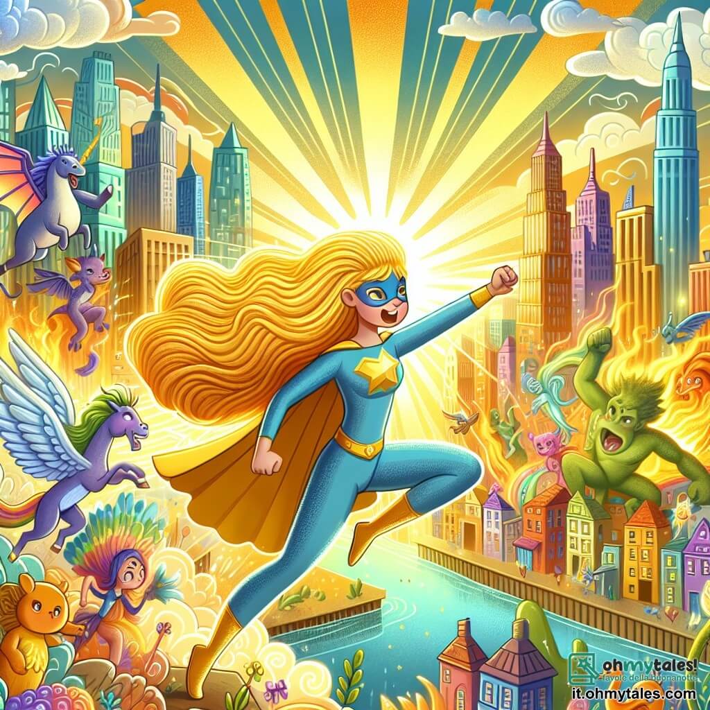 Une illustration destinée aux enfants représentant une super-héroïne intrépide, aux cheveux flottants comme des rayons dorés, qui se bat contre un méchant dans une ville fantastique remplie de gratte-ciel colorés et de créatures magiques.