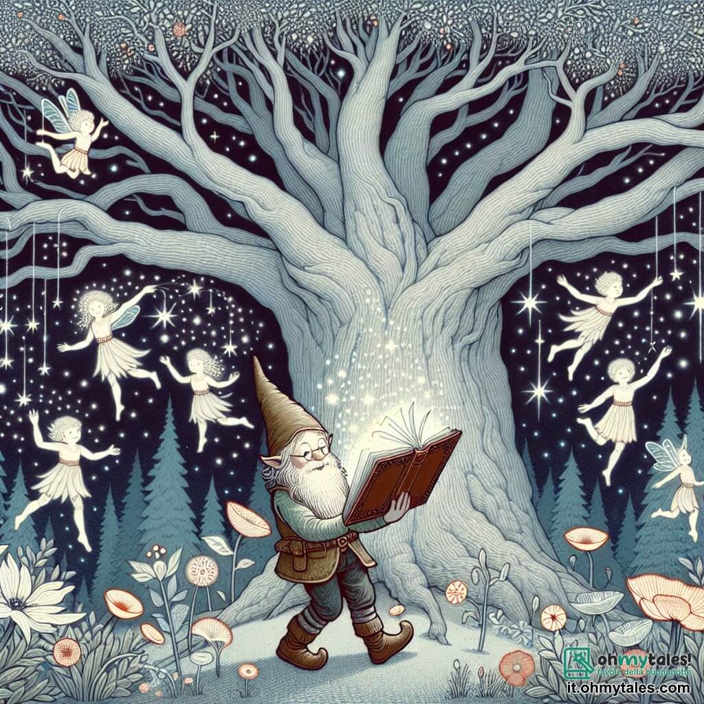 Une illustration destinée aux enfants représentant un lutin curieux découvrant un livre magique dans une forêt enchantée, accompagné d'un arbre centenaire aux branches argentées, entouré de fiori luminosi et de farfadets dansants.