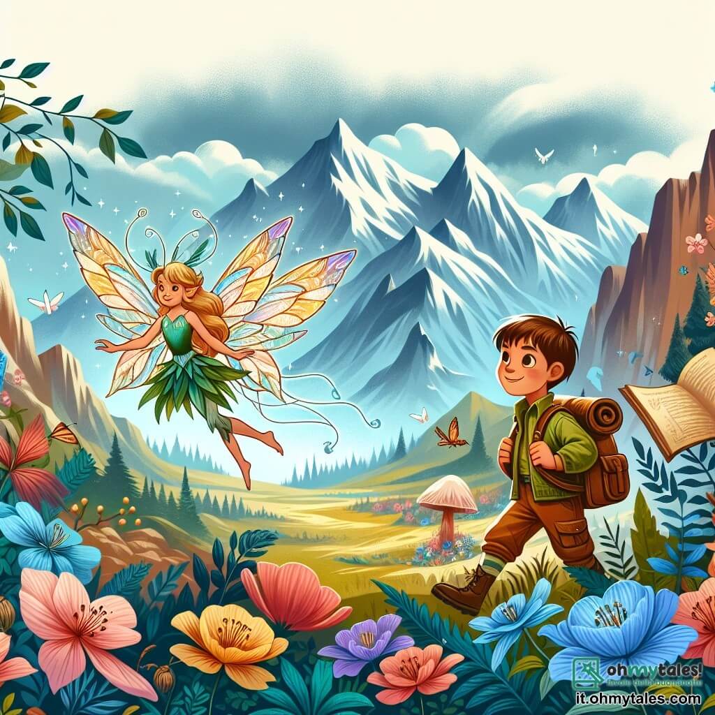 Une illustration destinée aux enfants représentant une fée aux ailes chatoyantes, accompagnée d'un jeune explorateur curieux, dans une vallée enchantée entourée de montagnes majestueuses et de fleurs colorées.