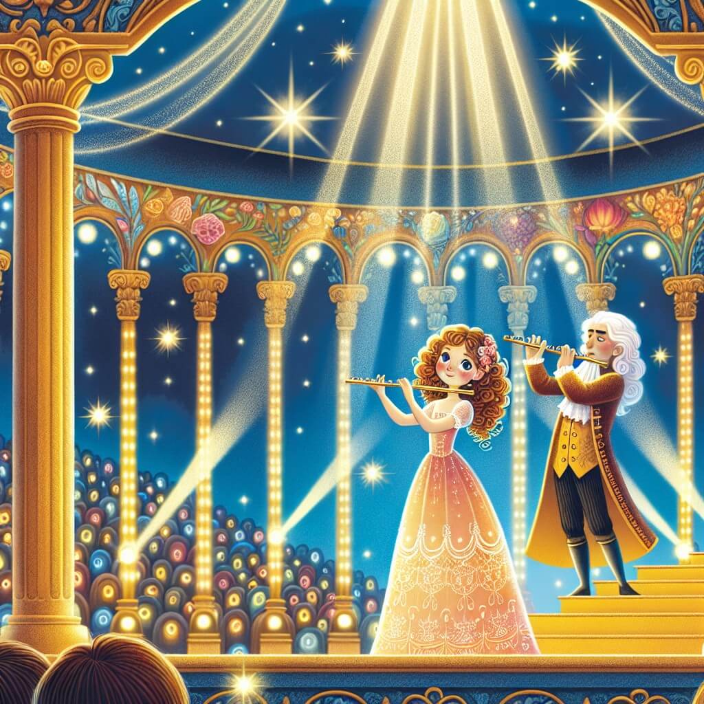 Une illustration destinée aux enfants représentant une jeune femme aux cheveux bouclés, debout sur une scène éclairée par des projecteurs étincelants, accompagnée d'un flûtiste mystérieux, dans une salle de concert magnifique avec des colonnes dorées et des fresques colorées qui rappellent un jardin enchanté.