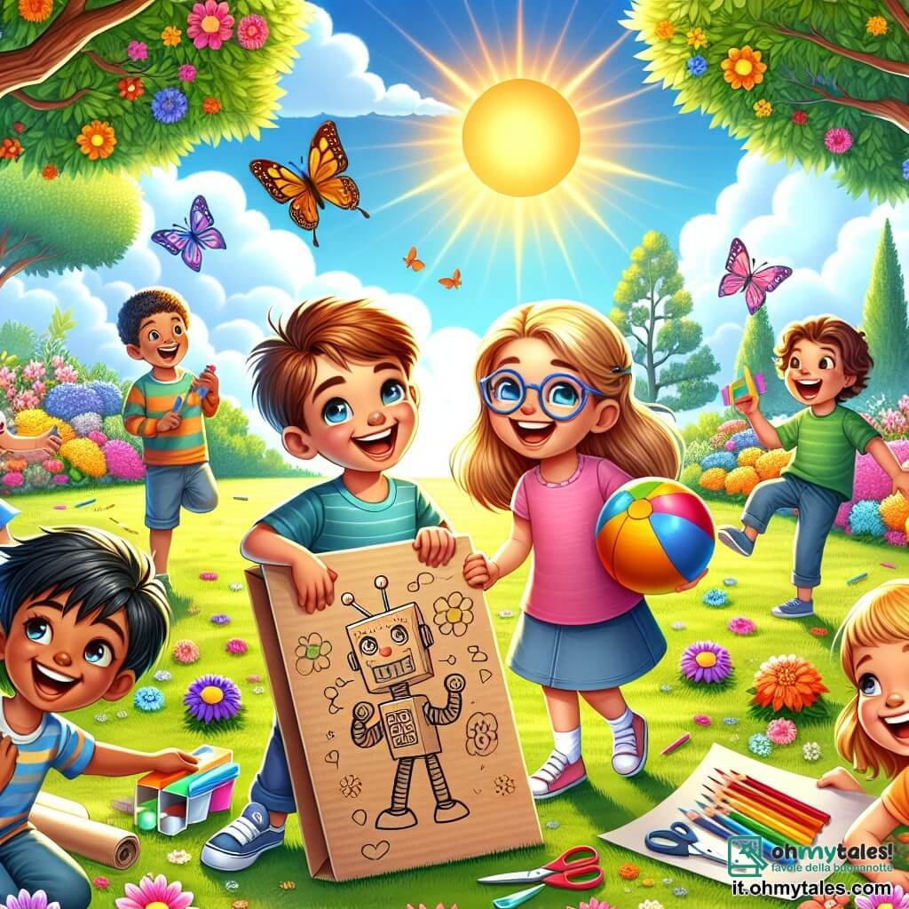 Illustrazione che rappresenta un giardino soleggiato, pieno di fiori colorati e alberi maestosi, con un grande prato verde dove dei bambini giocano felicemente. Al centro, un ragazzo di undici anni, con capelli castani e occhi scintillanti, sorride tenendo un grande cartone su cui ha disegnato un robot colorato. Accanto a lui, una ragazza di dieci anni, con capelli biondi e occhiali, ride tenendo delle forbici e della colla, pronta ad aiutare nella creazione. Un altro ragazzo, di dodici anni, con capelli neri e pelle scura, corre verso di loro con una palla, mentre un quarto ragazzo, di undici anni, con capelli castani e occhiali, si avvicina con un grande sorriso, portando dei pastelli. L'atmosfera è gioiosa e dinamica, illustrando lo spirito di amicizia e creatività, con giochi all'aperto e risate che risuonano nell'aria. Farfalle colorate volano intorno a loro, aggiungendo un tocco magico a questa scena di avventura senza schermo.