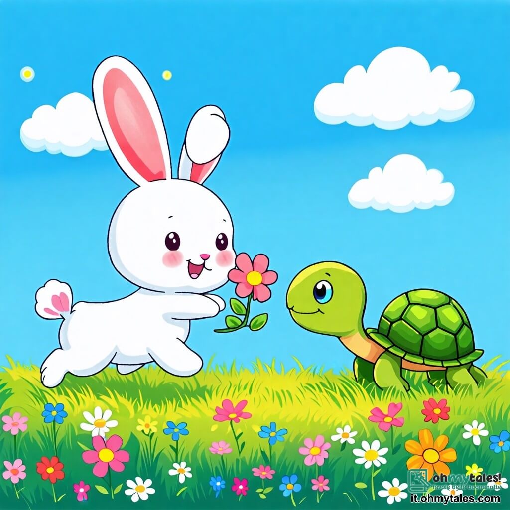 Une illustration sous forme de dessin destinée aux enfants représentant un vaste pré verdoyant parsemé de fleurs colorées, avec un lapin blanc aux grandes oreilles et aux yeux pétillants qui saute joyeusement tout en grignotant une fleur, tandis qu'une tortue à la carapace verte et aux yeux doux avance lentement en souriant, illustrant une course amicale entre les deux amis, avec un ciel bleu clair et quelques nuages moelleux en arrière-plan pour ajouter une touche de magie à cette scène enjouée.
