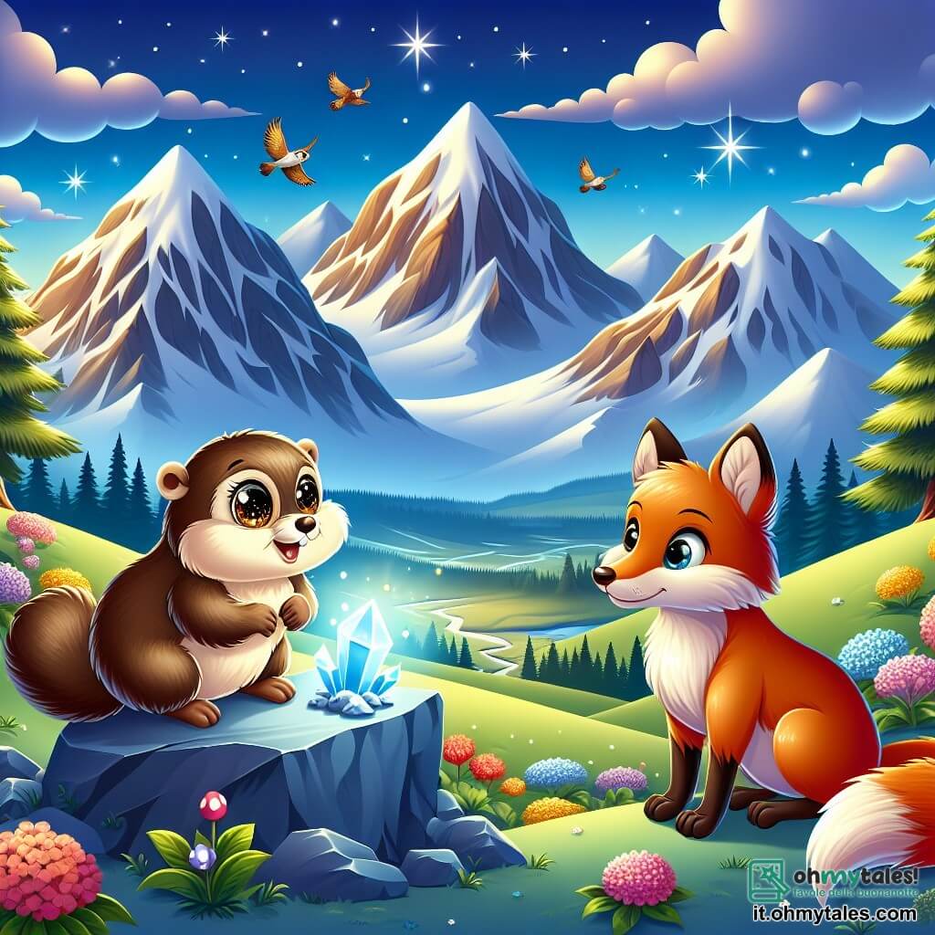Illustrazione che rappresenta un magnifico paesaggio montano, con cime innevate che si ergono maestose sotto un cielo blu splendente. In primo piano, una piccola marmotta dal pelo morbido e marrone, con grandi occhi scintillanti e delicate zampette, si trova sulle zampe posteriori, guardando con curiosità un riflesso luminoso proveniente da un cristallo magico posato su una roccia. Accanto a lei, una volpe astuta, con un pelo rosso vivace e una coda folta, osserva attentamente la scena, pronta ad aiutare la sua amica. La marmotta sembra determinata, mentre la volpe sfoggia un sorriso complice, creando un'atmosfera di avventura e amicizia. Sullo sfondo, fiori colorati e alberi verdi aggiungono un tocco di magia a questa scena incantata, mentre uccelli volano gioiosamente nel cielo, simboleggiando la gioia e l'armonia della valle.