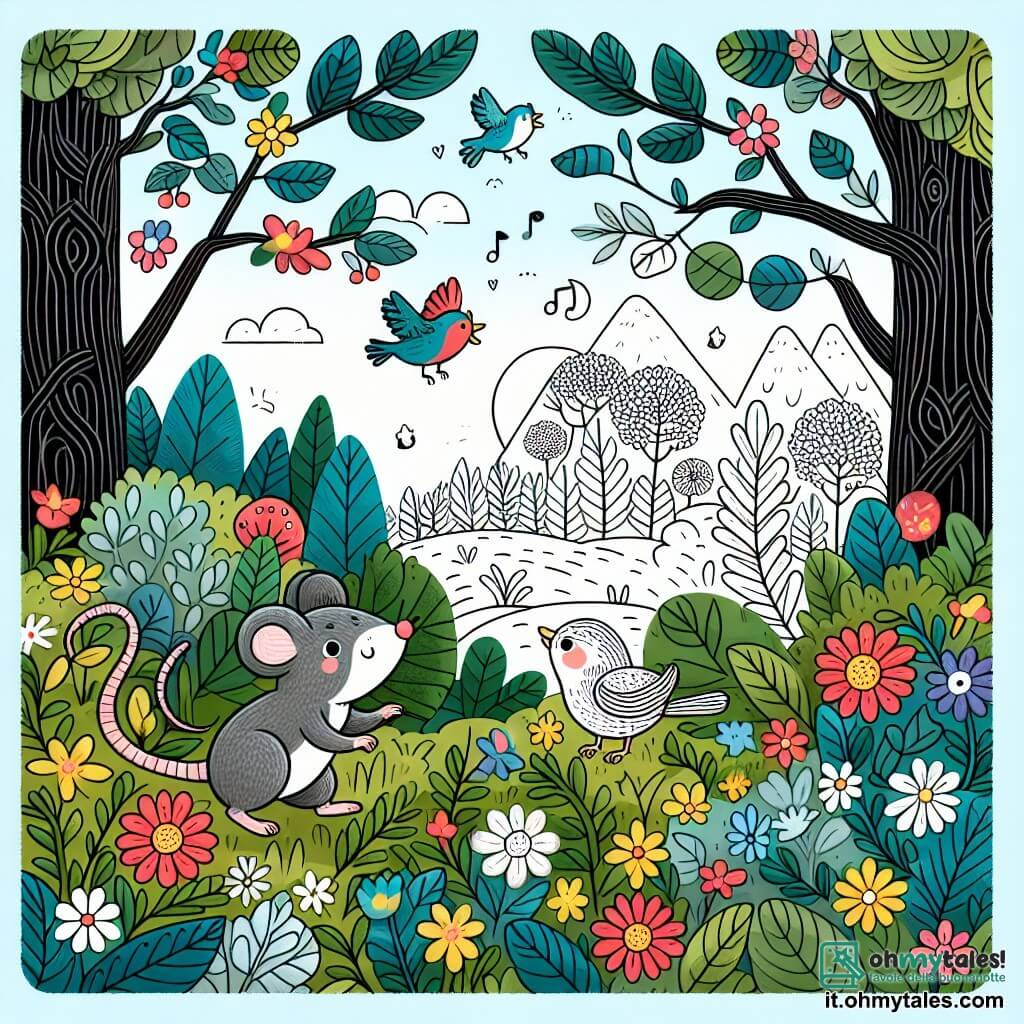 Une illustration destinée aux enfants représentant une souris intrépide, rencontrant un oiseau perdu, dans une forêt enchantée où les arbres sont couverts de fleurs colorées et les animaux joyeux.