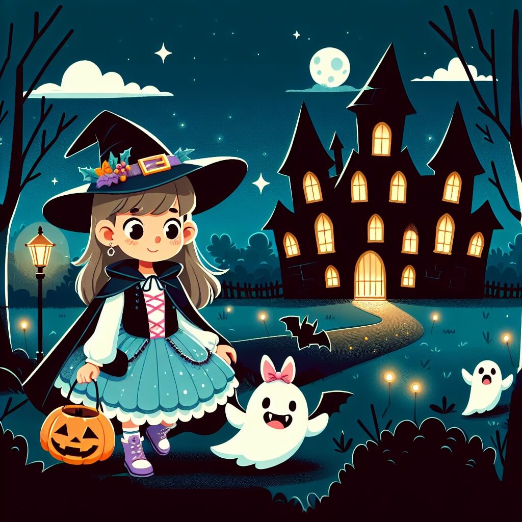 Une illustration destinée aux enfants représentant une jeune fille, déguisée en princesse-strega, explorant une mystérieuse Maison des Fantômes, accompagnée d'un amical pipistrello, dans un sombre et effrayant parc illuminé par les lumières scintillantes de la fête d'Halloween.