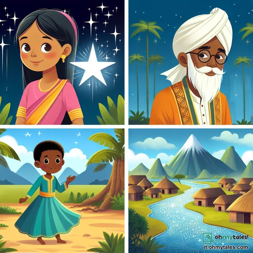 Une illustration destinée aux enfants représentant une jeune femme courageuse, une étoile disparue, un sage magicien et un village africain verdoyant au bord d'un majestueux fleuve scintillant.