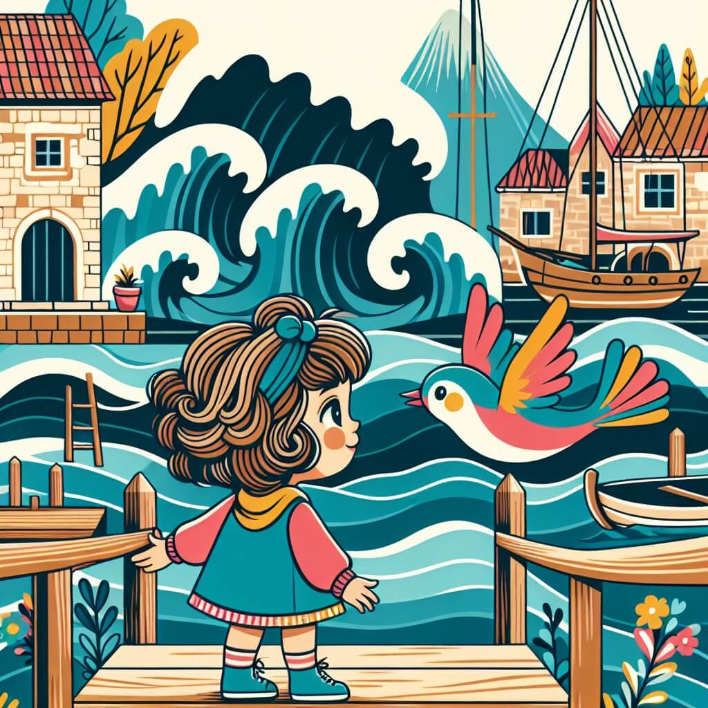 Une illustration destinée aux enfants représentant une petite fille aux cheveux bouclés, debout sur un pont en bois, face à un immense océan rempli de vagues majestueuses, tandis qu'un oiseau coloré vole joyeusement à ses côtés, dans un village côtier pittoresque avec des maisons en pierre et des voiliers amarrés au port.