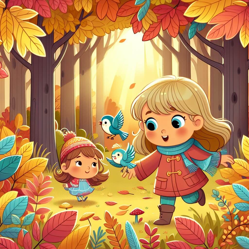 Une illustration destinée aux enfants représentant une petite fille curieuse qui découvre l'automne, accompagnée d'un adorable oiseau, dans un parc rempli d'arbres aux feuilles jaunes et rouges chatoyantes.