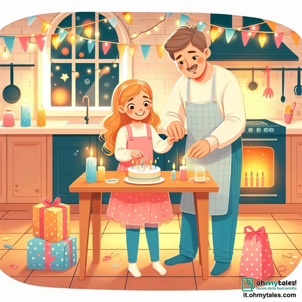 Une illustration destinée aux enfants représentant une petite fille préparant une surprise pour son papa, accompagnée de sa maman, dans une cuisine chaleureuse et colorée décorée de guirlandes de fête.