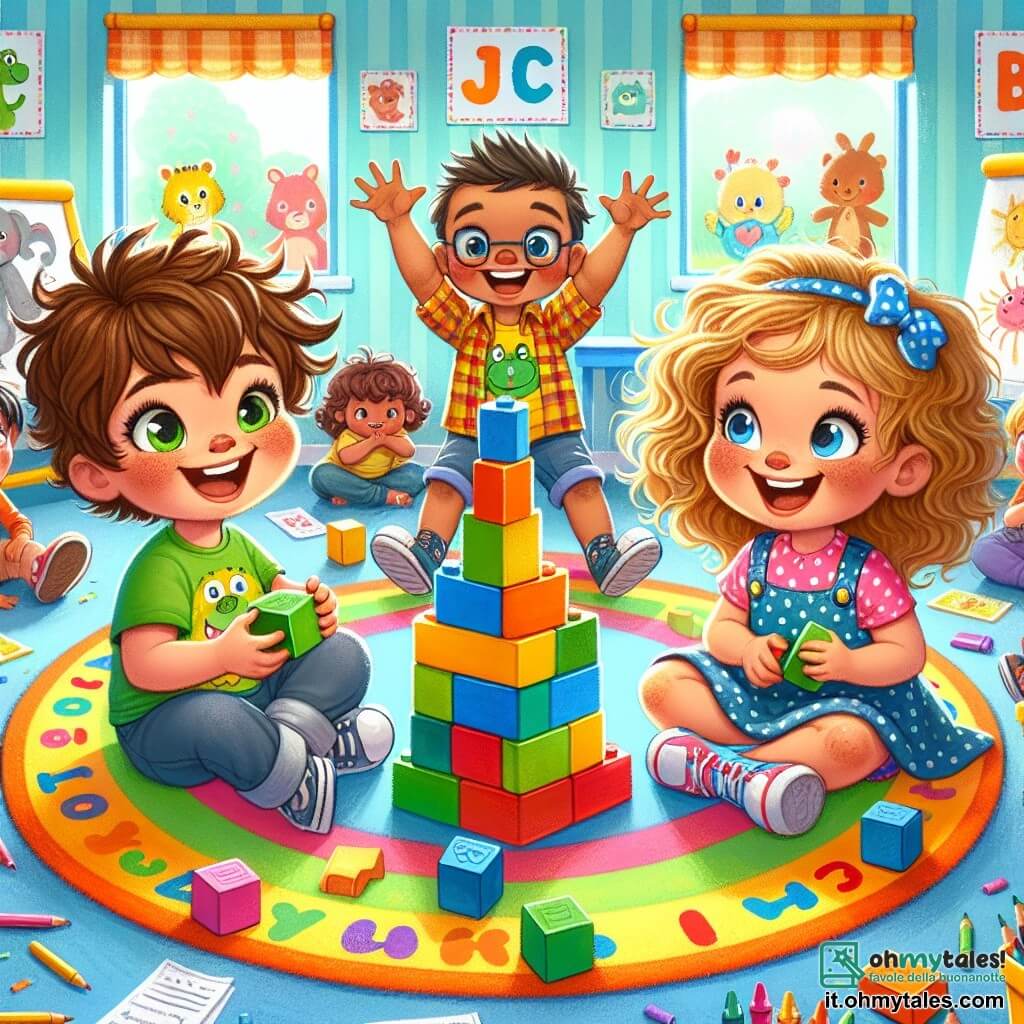 Illustrazione che rappresenta una scena gioiosa in un'aula colorata. Le pareti sono dipinte di azzurro chiaro, decorate con disegni di animali e lettere dell'alfabeto. Al centro, un grande tappeto rotondo multicolore dove i bambini sono seduti in cerchio. Un bambino di cinque anni, con i capelli castani disordinati e occhi scintillanti, indossa una maglietta con un dinosauro verde. Sorride ampiamente, tenendo in mano dei blocchi colorati. Accanto a lui, una bambina di cinque anni, con i capelli ricci e un grande sorriso, indossa un vestito rosa a pois. Alza le braccia in aria, eccitata, come se avesse appena costruito una grande torre. Dietro di loro, un altro bambino di cinque anni, con occhiali e una camicia a quadri, applaude con entusiasmo. La scena emana un'atmosfera di cameratismo e gioia, con risate e colori vivaci. Matite e fogli di carta sono sparsi intorno a loro, mentre un'insegnante sorridente li osserva, pronta a incoraggiarli nelle loro creazioni.