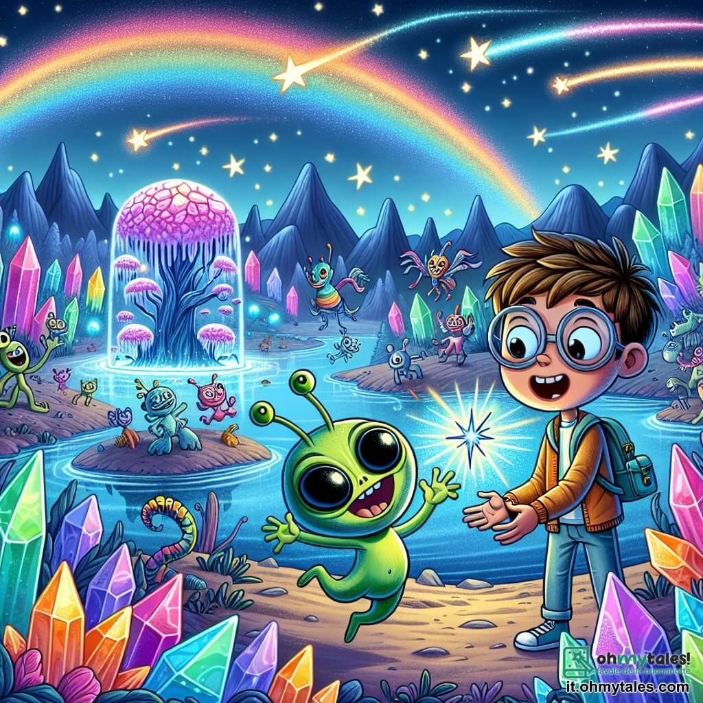 Illustrazione che rappresenta un paesaggio incantevole sul pianeta Zorba, con alberi di cristallo scintillanti dai colori vivaci, laghi di liquido blu luminoso e un cielo costellato di stelle brillanti. Al centro della scena, un ragazzo di nove anni, con capelli castani e occhiali tondi, è meravigliato, con le braccia aperte, di fronte a un piccolo extraterrestre verde, con grandi occhi neri e antenne ondulanti, che sorride gioiosamente. L'extraterrestre, di dimensioni più piccole, sta mostrando al bambino uno strumento brillante, simbolo di amicizia e collaborazione. Sullo sfondo, creature fantastiche e Zorbiani dai colori variopinti danzano attorno a loro, aggiungendo un tocco di magia all'atmosfera. Stelle cadenti attraversano il cielo, portando una sensazione di avventura e scoperta.
