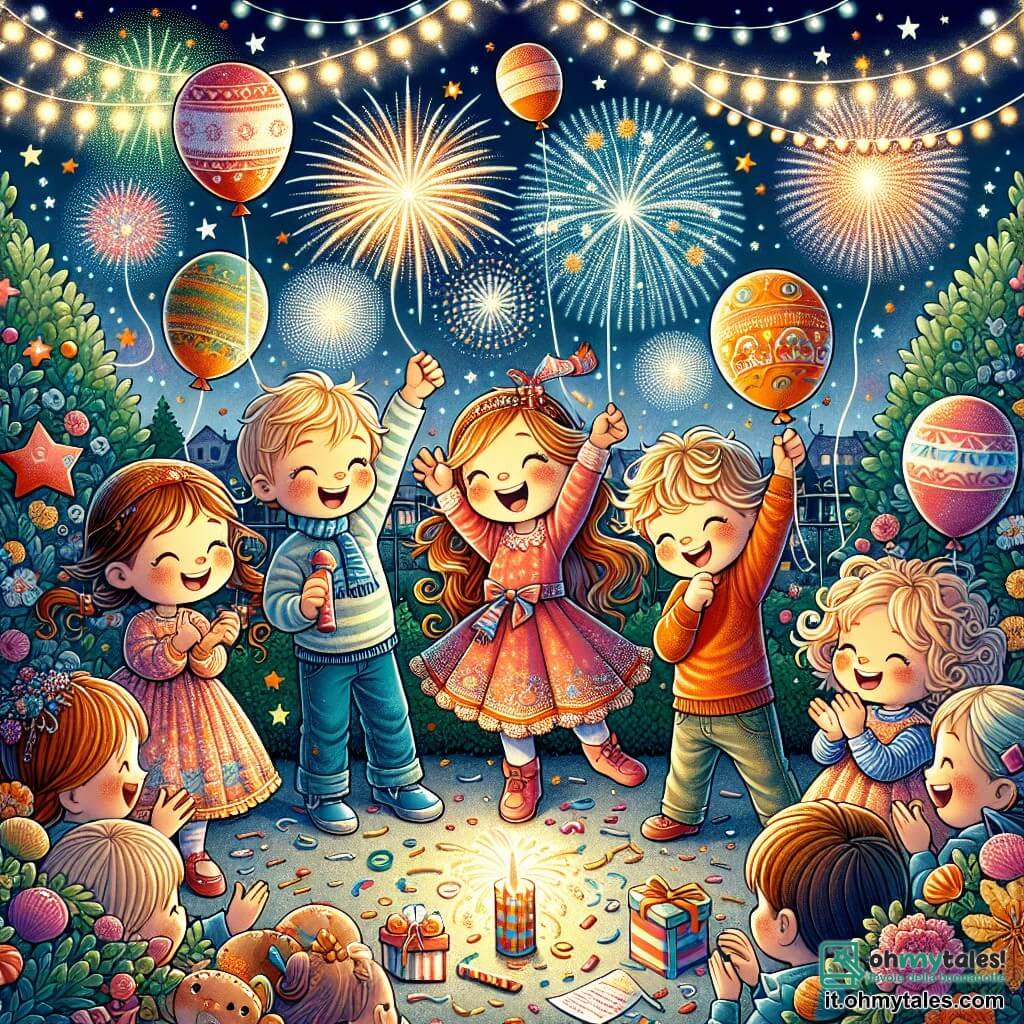 Illustrazione che rappresenta una scena festiva in un giardino illuminato da ghirlande scintillanti. Il cielo è pieno di fuochi d'artificio colorati che esplodono in stelle brillanti. Al centro, una bambina di 3 anni, con lunghi capelli castani e occhi scintillanti, sorride gioiosamente tenendo un palloncino colorato in una mano e un piccolo pezzo di carta nell'altra, su cui ha scritto il suo sogno per il nuovo anno. Accanto a lei, due bambini: un ragazzo di circa 4 anni con capelli biondi arruffati, che indossa una maglietta rossa e alza le braccia in aria con entusiasmo, e una ragazza di 5 anni con capelli ricci e un vestito rosa, che guarda il cielo con meraviglia, gli occhi spalancati. La scena mostra i bambini circondati dalle loro famiglie, ridendo e applaudendo, mentre palloncini colorati volano nel cielo notturno, simboleggiando i loro sogni e speranze per l'anno a venire. Decorazioni festive, come coriandoli e festoni, fluttuano nell'aria, aggiungendo un tocco di magia a questa celebrazione di Capodanno.