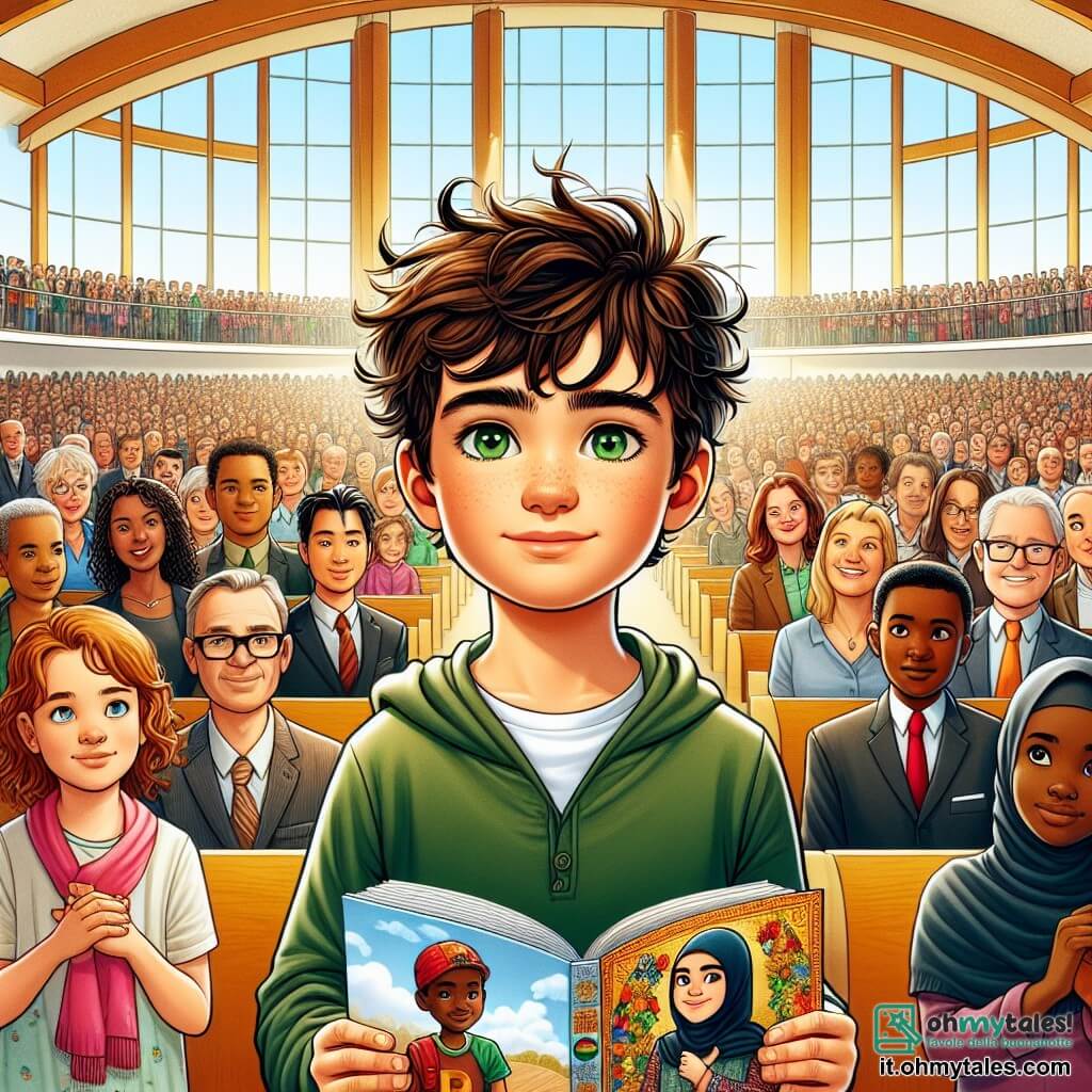 Une illustration sous forme de dessin destinée aux enfants représentant un grand auditorium coloré rempli de parents et d'élèves, au centre un garçon de 11 ans aux cheveux bruns en désordre et aux yeux verts, debout avec un sourire déterminé, tenant un livre illustré sur la diversité culturelle, tandis qu'autour de lui se tiennent une fille aux cheveux bouclés et à la peau claire, une fille asiatique avec des cheveux longs et noirs, un garçon marocain à la peau olive et un garçon ghanéen à la peau foncée, tous regardant avec admiration et fierté, illustrant un moment de célébration et d'unité face aux défis du racisme.