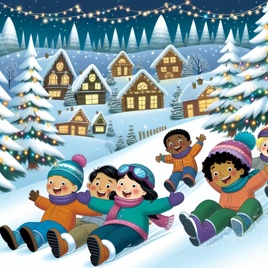 Une illustration destinée aux enfants représentant un jeune garçon joyeux, accompagné de ses amis, glissant sur une pente enneigée bordée de majestueux sapins, dans un village hivernal décoré de lumières scintillantes.