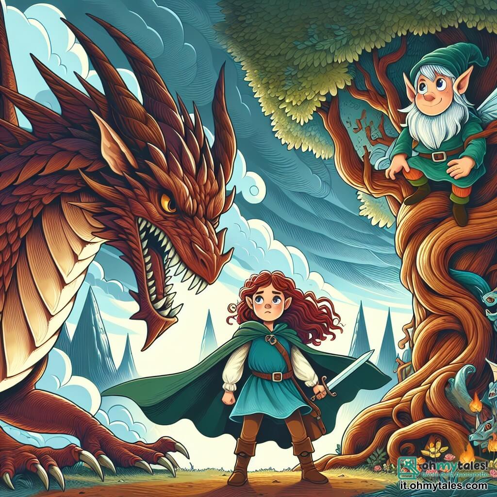 Une illustration destinée aux enfants représentant une jeune fille courageuse se tenant devant un dragon menaçant, avec un petit elfe espiègle observant la scène depuis un arbre enchanté dans le Regno delle Creature Magiche, un monde coloré et magique.