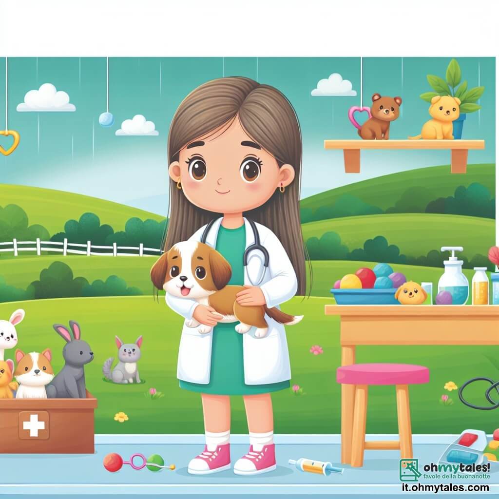 Une illustration destinée aux enfants représentant une jeune femme vétérinaire bienveillante prenant soin d'un adorable chiot blessé dans son studio vétérinaire chaleureux, rempli de plantes vertes et de jouets colorés, situé au cœur d'une petite ville entourée de champs verdoyants et d'animaux joyeux.
