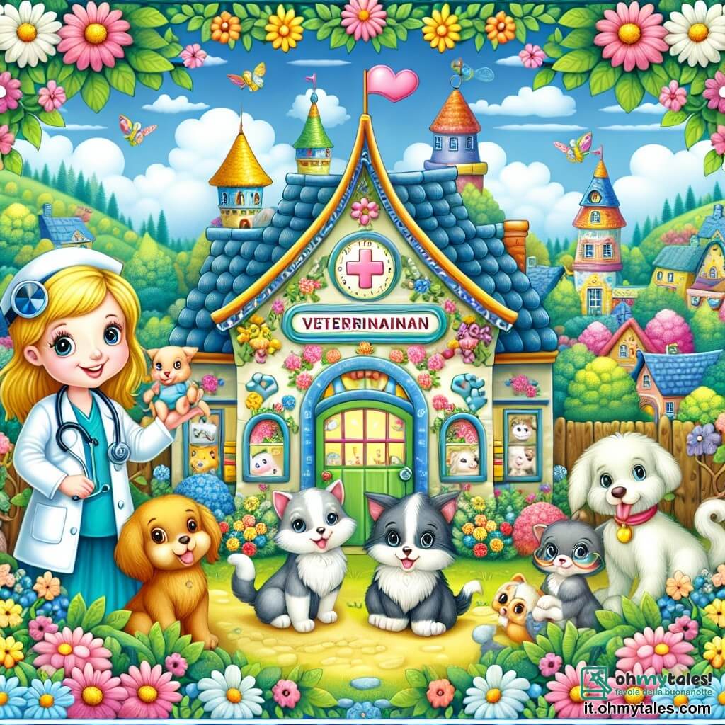 Une illustration destinée aux enfants représentant une femme vétérinaire souriante, entourée d'animaux adorables, dans sa clinique colorée au cœur d'un village enchanté rempli de fleurs et d'arbres verdoyants.