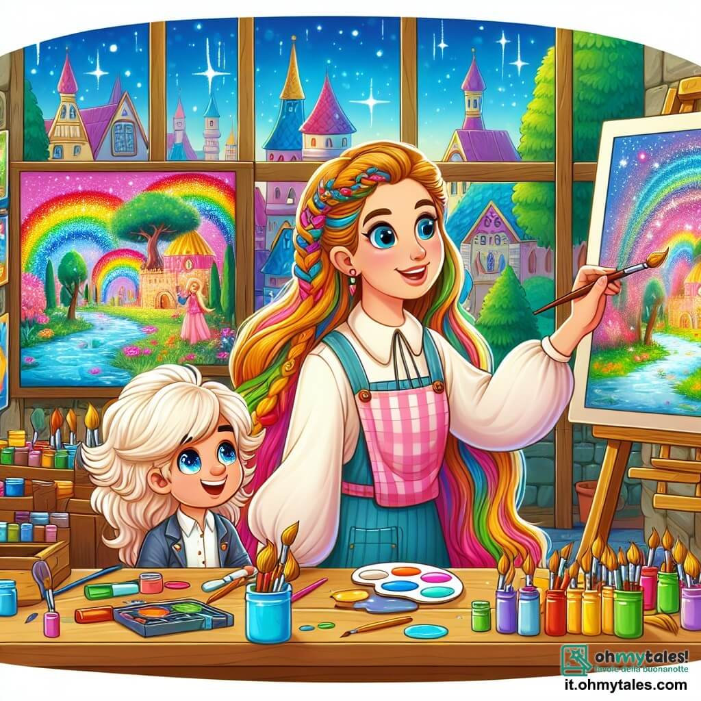Une illustration destinée aux enfants représentant une artiste femme aux cheveux longs et colorés, peignant un monde magique avec l'aide d'un garçon aux yeux scintillants, dans un atelier rempli de couleurs vibrantes et de pinceaux magiques, situé dans une petite ville incantata.