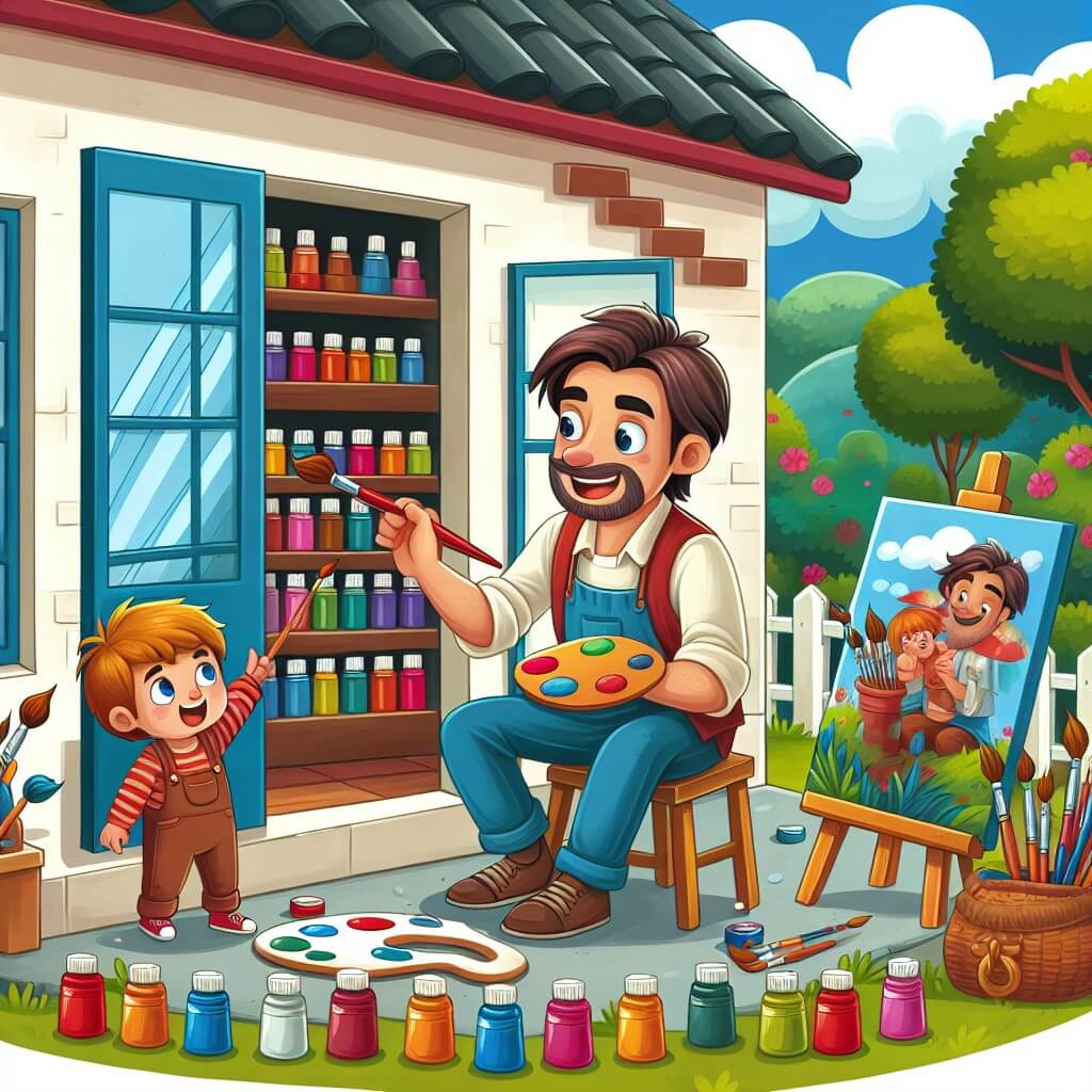 Une illustration destinée aux enfants représentant un artiste talentueux, entouré de couleurs vives, peignant avec passion dans son atelier rempli de pinceaux, toiles et pots de peinture, accompagné de son jeune fils curieux, dans une petite maison située près d'un magnifique parc verdoyant.