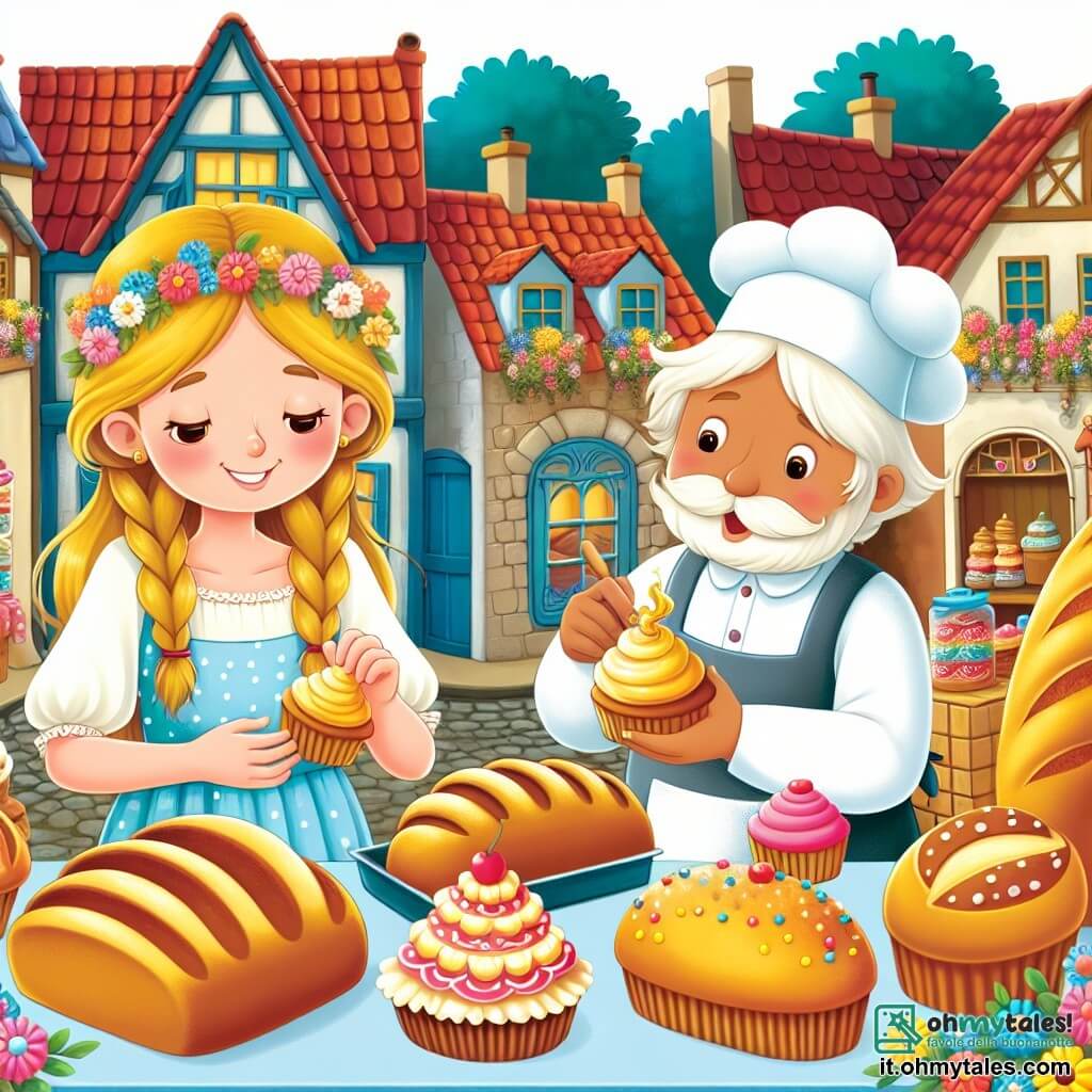 Une illustration destinée aux enfants représentant une jeune femme passionnée par la pâtisserie, participant à une gare de gâteaux avec son mentor, entourée de pains dorés et de cupcakes colorés dans un charmant village aux toits de tuiles rouges et aux ruelles fleuries.