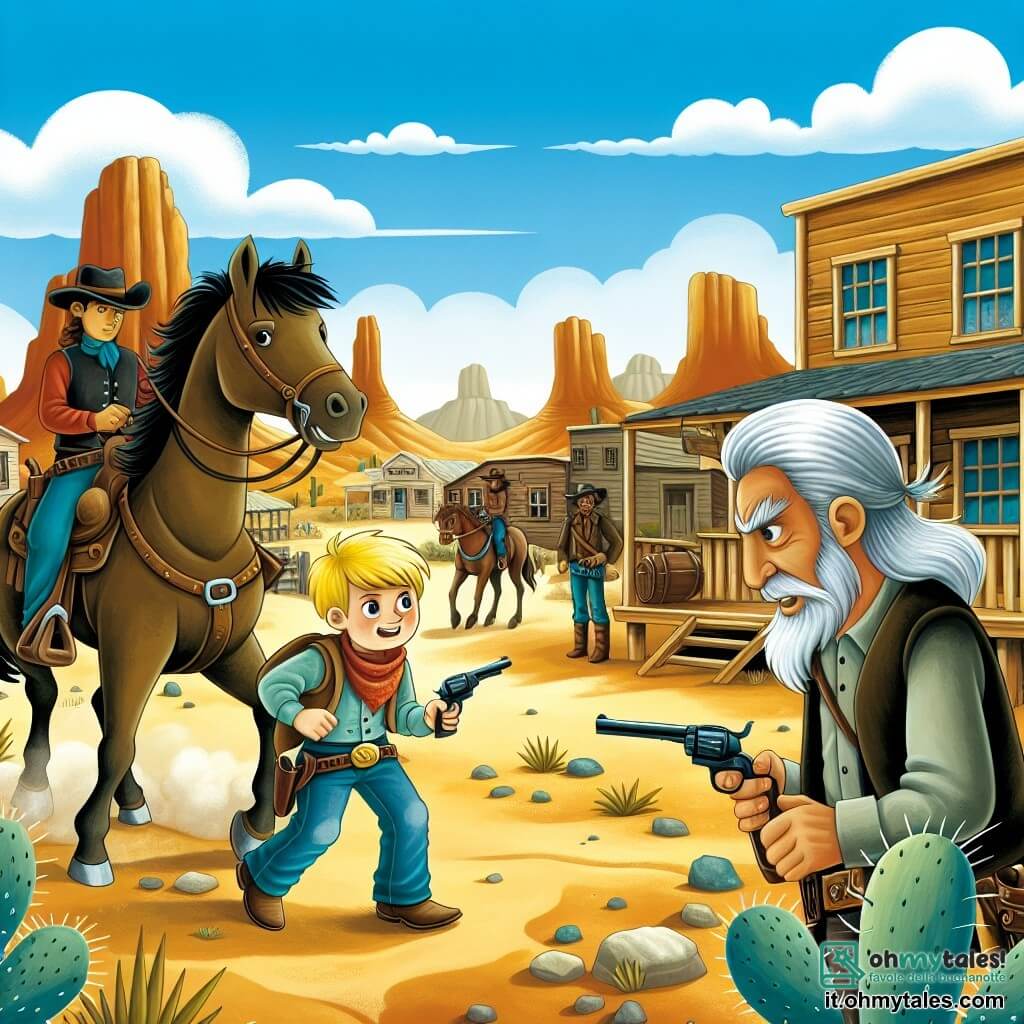 Une illustration destinée aux enfants représentant un jeune cow-boy courageux affrontant des bandits avec son fidèle cheval dans les vastes plaines poussiéreuses de l'Ouest américain, accompagné d'un vieux cow-boy sage aux cheveux argentés, dans une petite ville de l'Ouest avec des maisons en bois et des cactus géants pointant vers le ciel bleu.