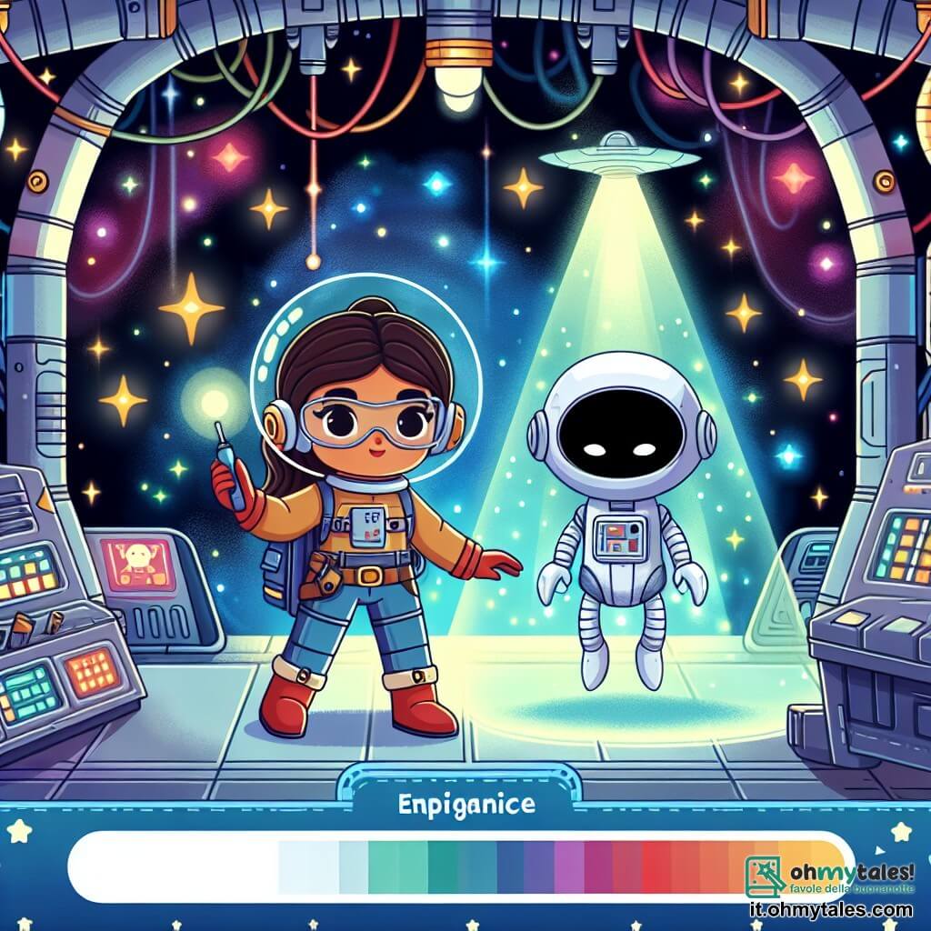 Une illustration destinée aux enfants représentant un pilote spatial courageux se préparant à une mission de sauvetage épique, accompagné d'une entité lumineuse mystérieuse, dans une station spatiale futuriste scintillante de lumières colorées et de technologies avancées.