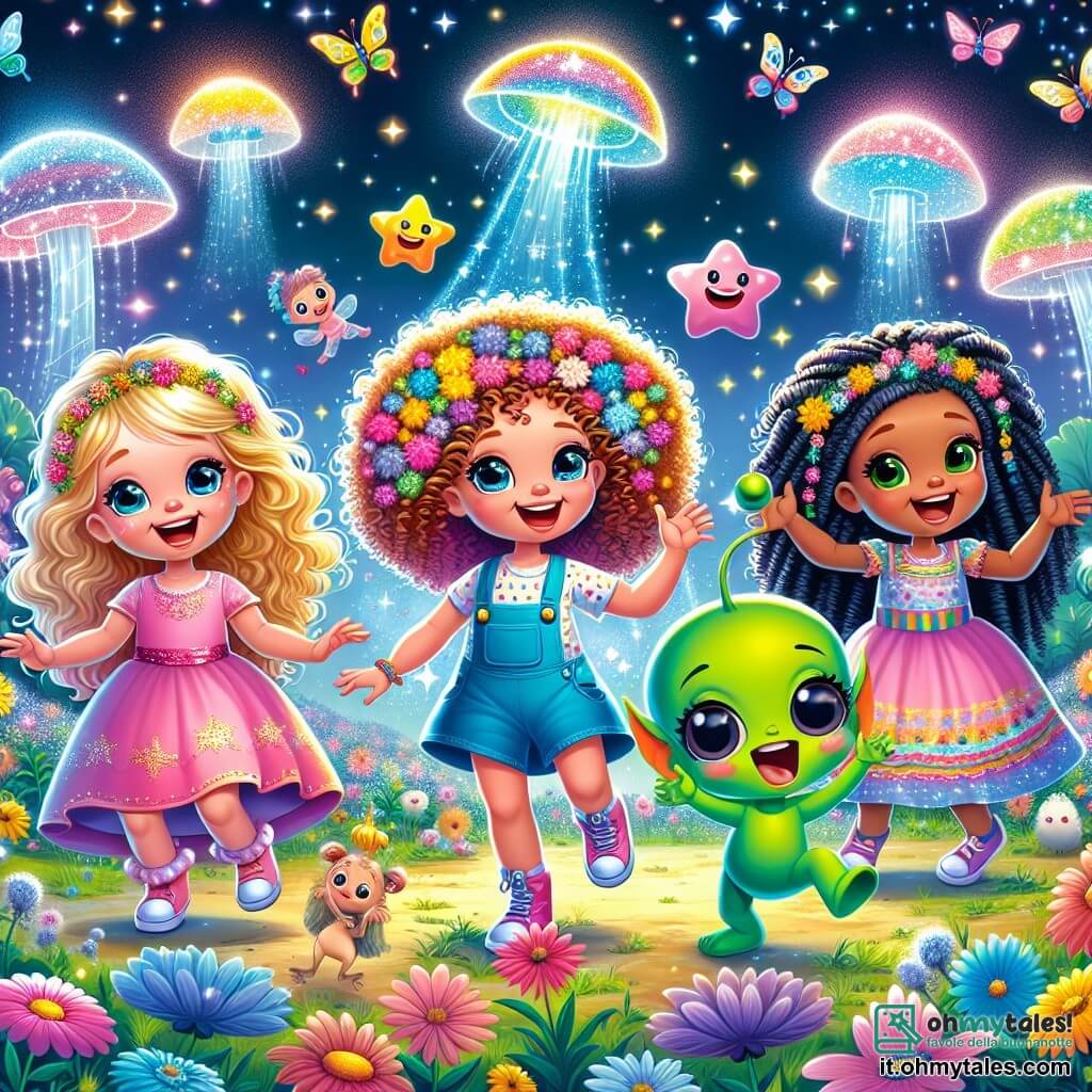 Illustrazione che rappresenta un campo luminoso sul pianeta Galaxia, pieno di alberi di cristallo scintillanti e fiori colorati che cantano. Al centro della scena, quattro bambine di cinque anni, con capelli ricci e colorati, ballano gioiosamente. Una ha i capelli biondi, un vestito rosa e un grande sorriso, un'altra ha i capelli castani, indossa una salopette blu e fa gesti di danza, la terza ha i capelli rossi, vestita con un abito verde, e l'ultima ha i capelli neri, con una treccia e una gonna colorata. Accanto a loro, un piccolo extraterrestre verde, con grandi occhi rotondi e un sorriso amichevole, le osserva ridendo. La scena è piena di colori vivaci, con stelle scintillanti nel cielo notturno, creando un'atmosfera magica e festosa. Creature amichevoli, come farfalle giganti e pesci volanti, fluttuano intorno a loro, aggiungendo gioia alla festa.