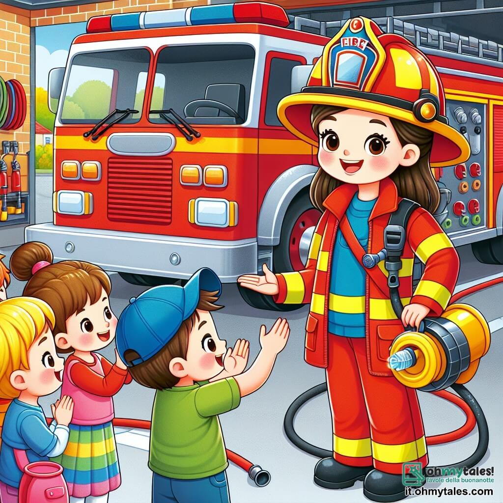 Une illustration sous forme de dessin destinée aux enfants représentant une caserne de pompiers colorée, avec une femme pompière aux cheveux bruns attachés en chignon, portant une uniforme rouge vif et un casque jaune, souriante alors qu'elle explique son métier à un groupe de quatre enfants, deux garçons aux cheveux blonds et une fille aux cheveux châtains, tous fascinés et applaudissant, tandis qu'un grand camion de pompiers rouge se tient en arrière-plan, avec des tuyaux d'eau brillants prêts à être utilisés, évoquant un sentiment d'aventure et de camaraderie.
