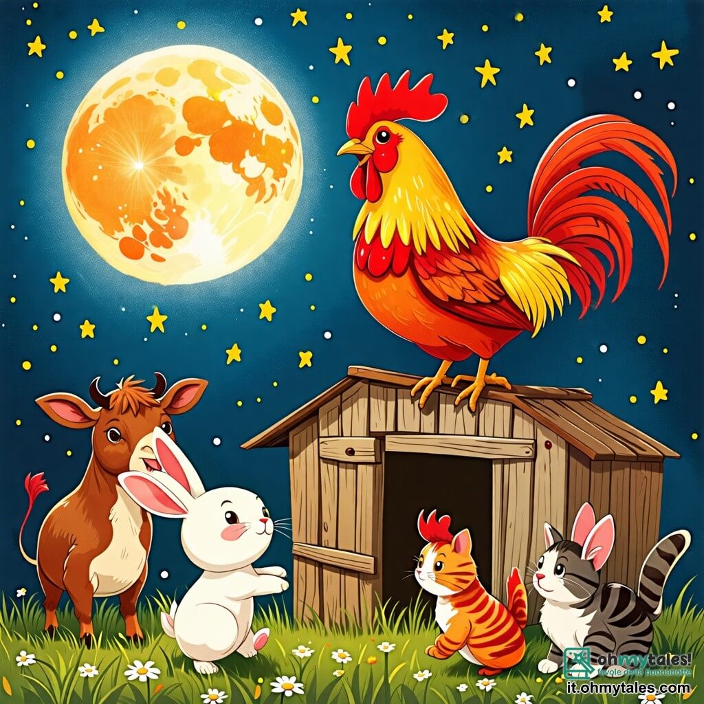 Une illustration sous forme de dessin destinée aux enfants représentant une charmante ferme nocturne illuminée par des étoiles scintillantes, avec un coq coloré aux plumes éclatantes de rouge et d'or, perché sur un vieux poulailler en bois, chantant joyeusement à pleine voix, tandis qu'un petit lapin aux grandes oreilles et au pelage blanc, avec un sourire malicieux, danse autour de lui, et d'autres animaux de la ferme, comme une vache brune et un chat tigré, se joignent à la fête en s'amusant sous la lune, créant une atmosphère festive et joyeuse.