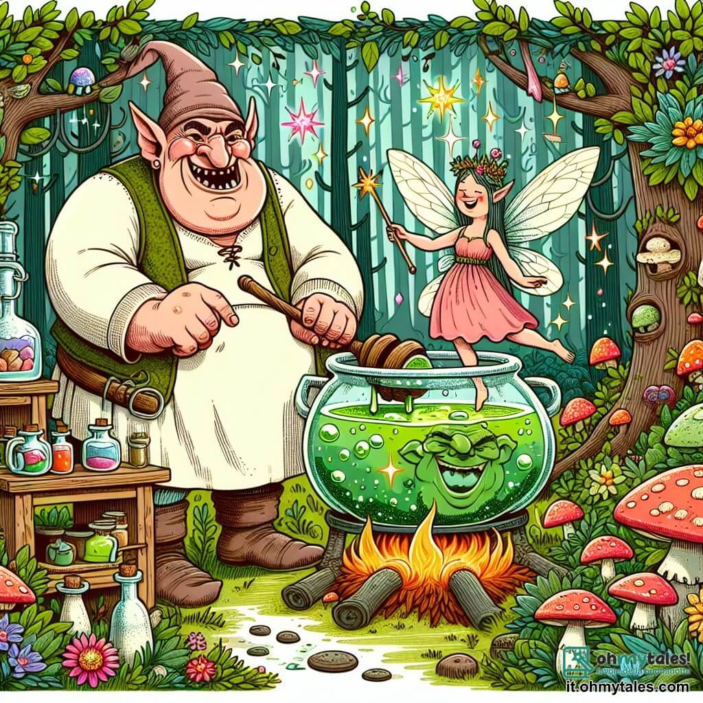 Une illustration destinée aux enfants représentant un ogre jovial et gourmand concoctant des potions magiques avec l'aide d'une fée espiègle dans sa cuisine enchanteresse, située au cœur d'une forêt luxuriante remplie de champignons colorés et de fleurs scintillantes.